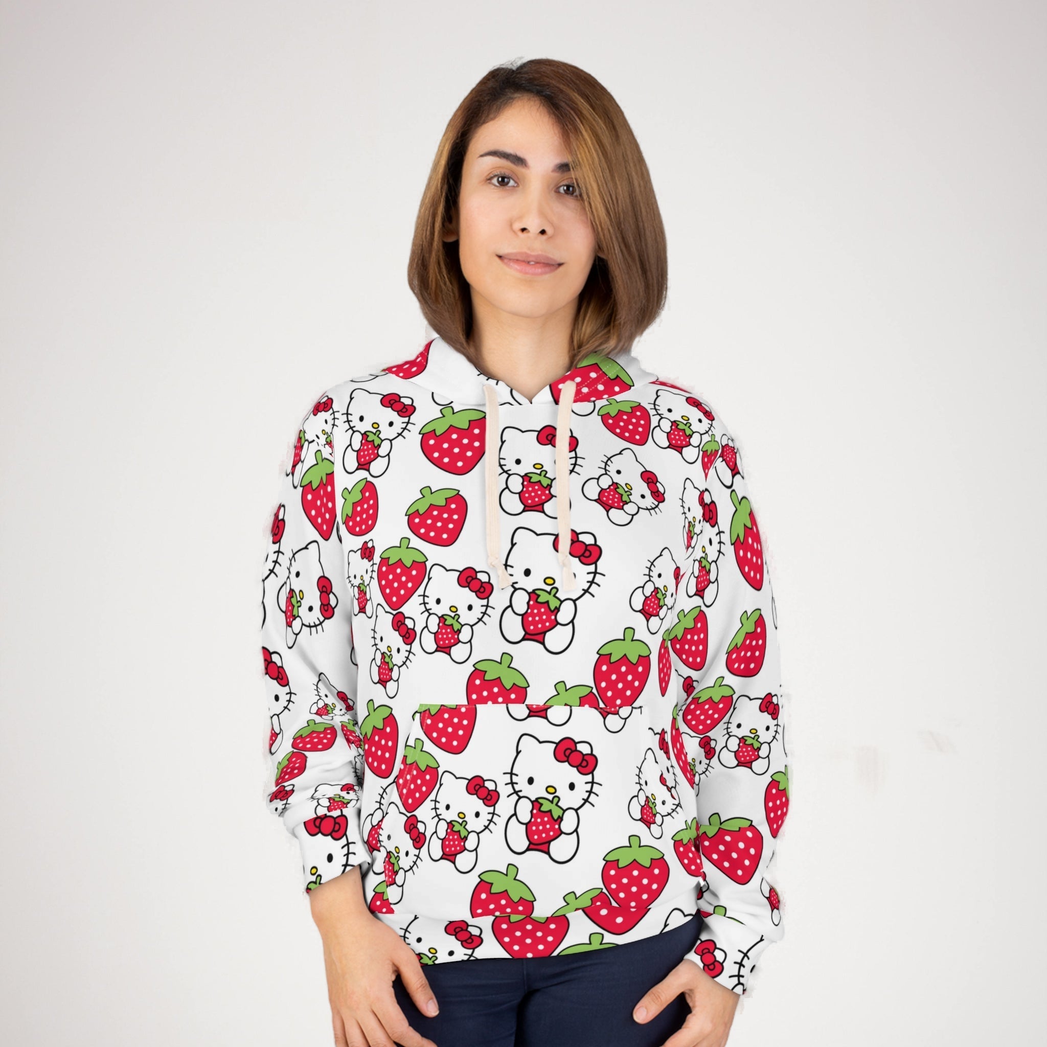 Unisex pullover hoodie kitty strawberry valentine love white