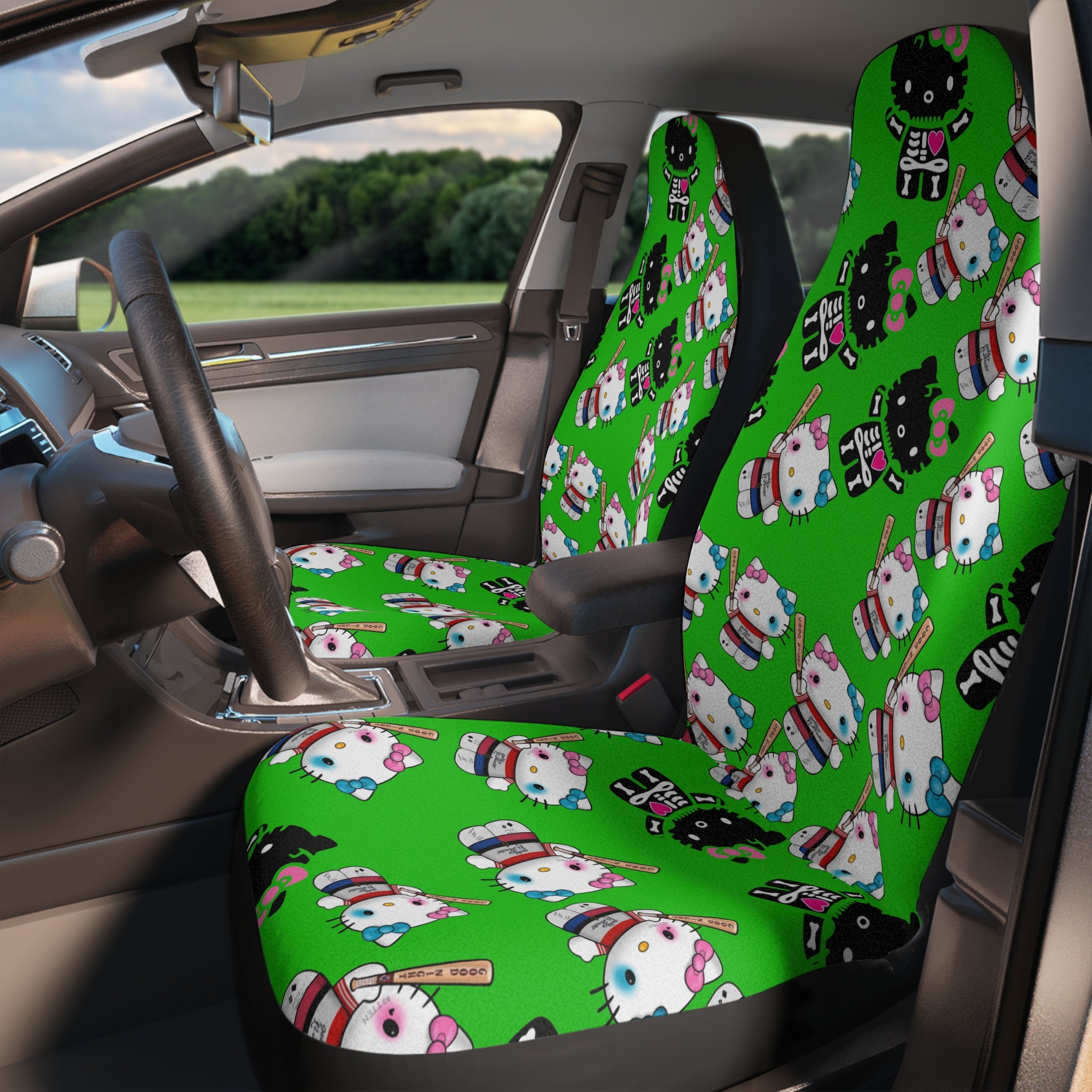 Car seat covers kitty monster Halloween bone green