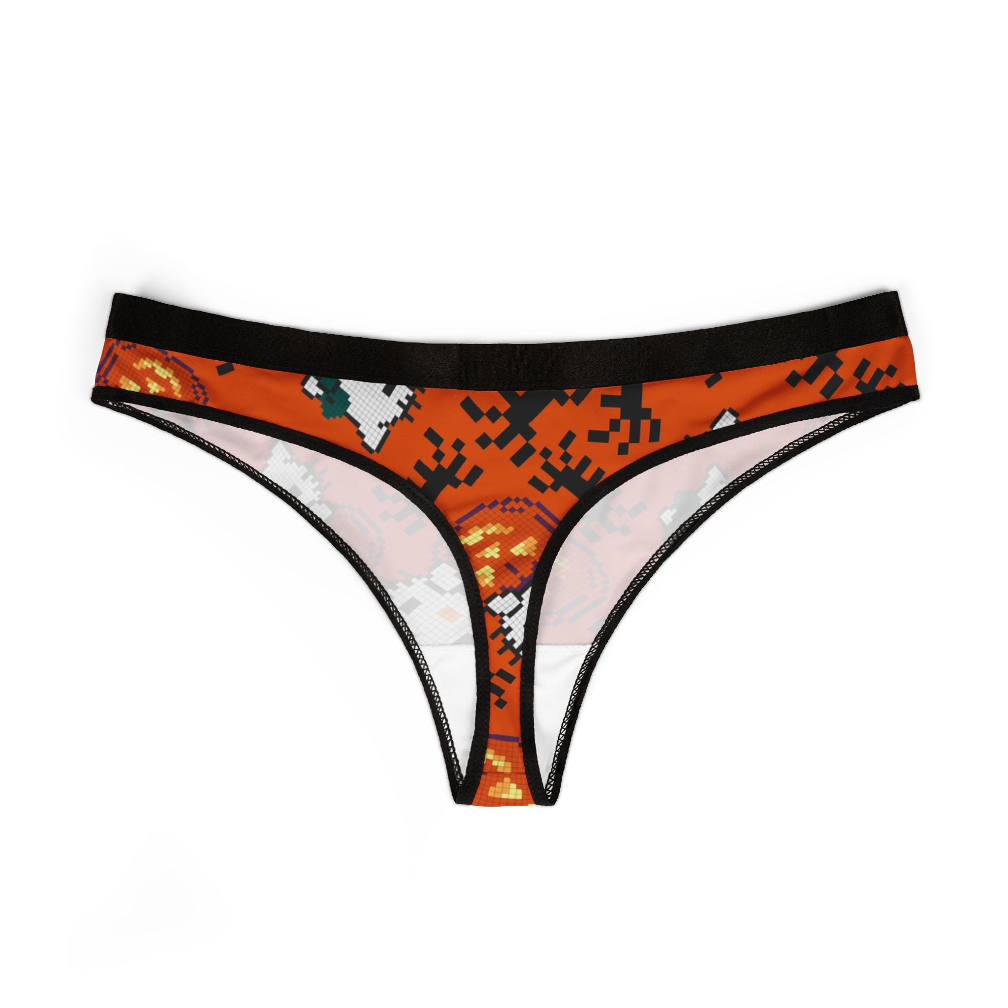 Women's thongs kitty pumpkin Halloween pixel spider orange