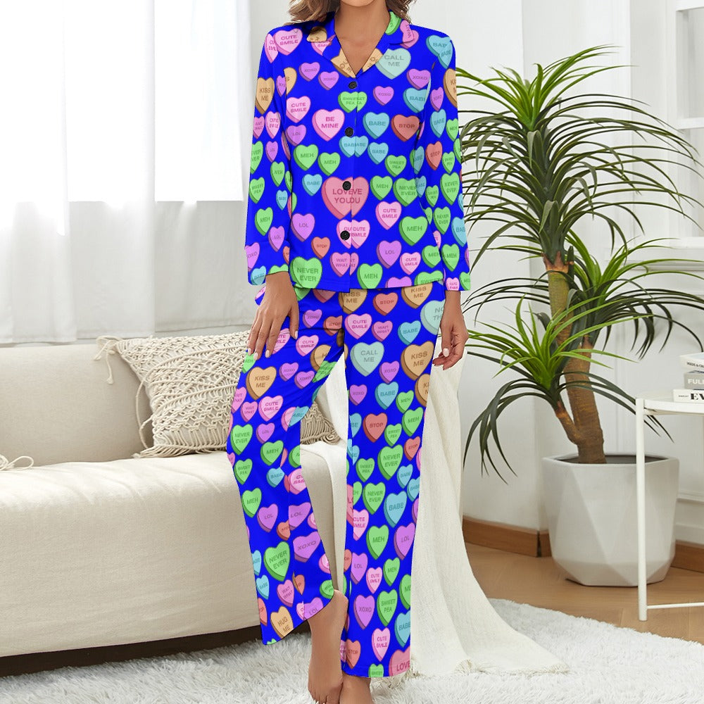 Women's Pajama Set candy heart sweet valentine message blue