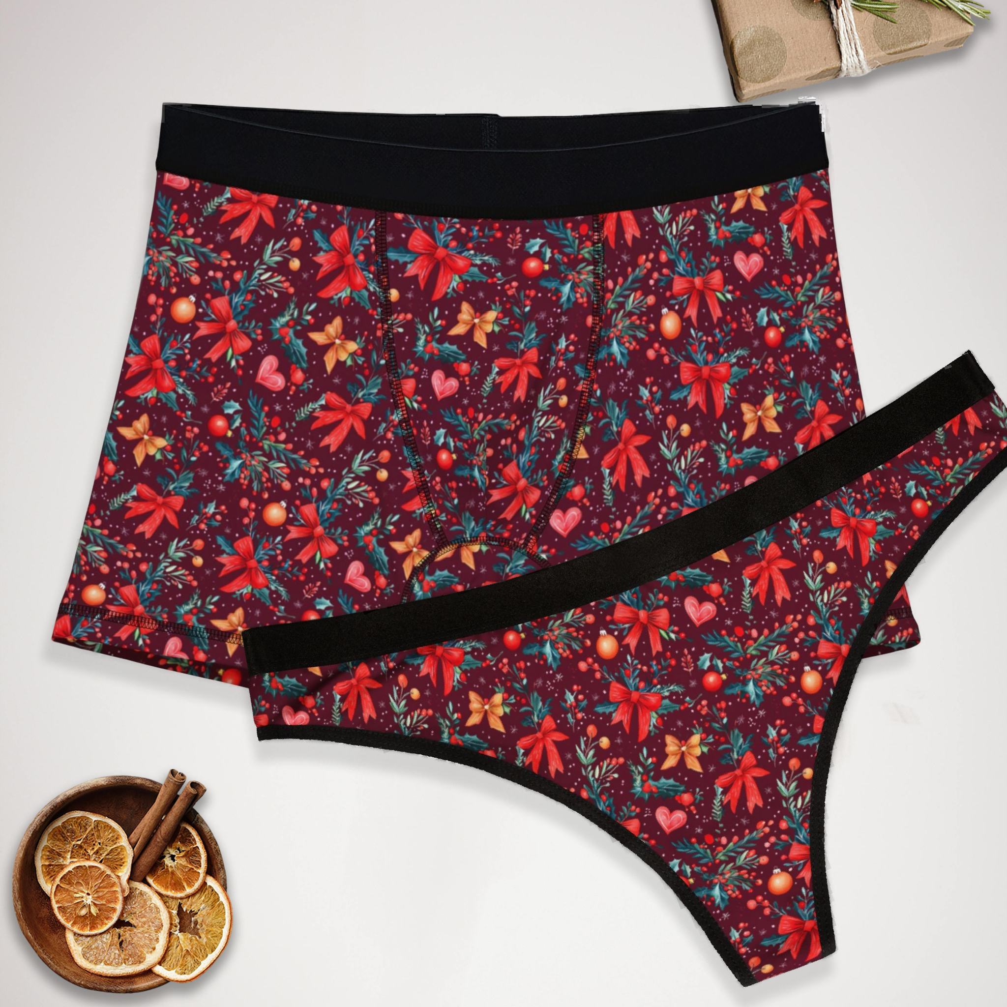 Matching underwear Red Coquette Christmas for couples boxer & thong set