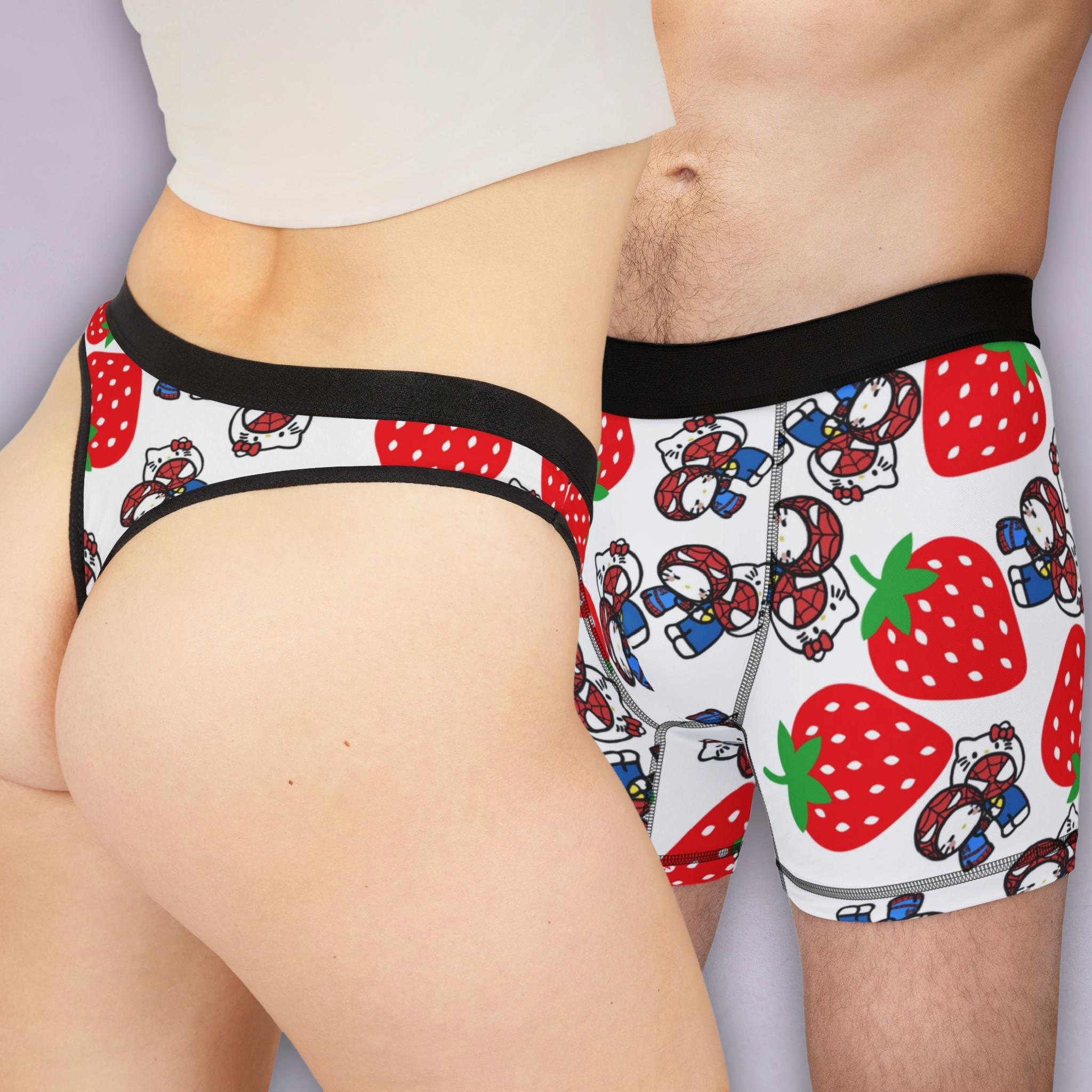 Couples matching  spider kitty strawberry white character underwear set boxer and thong