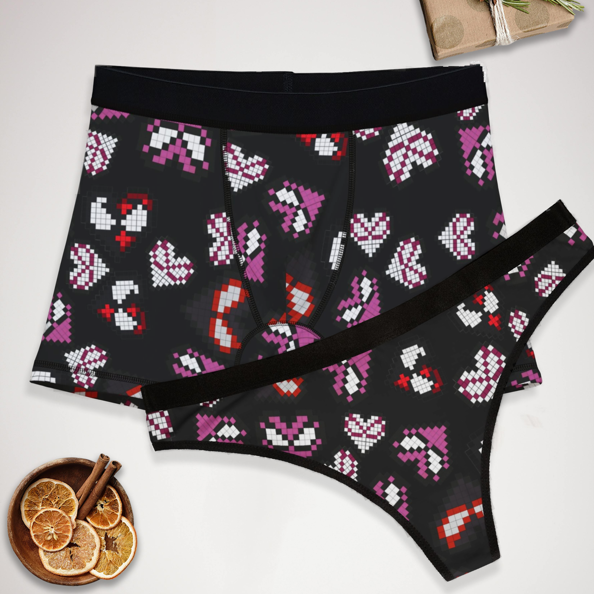 Couples matching  spider hearts pixel underwear set boxer and thong