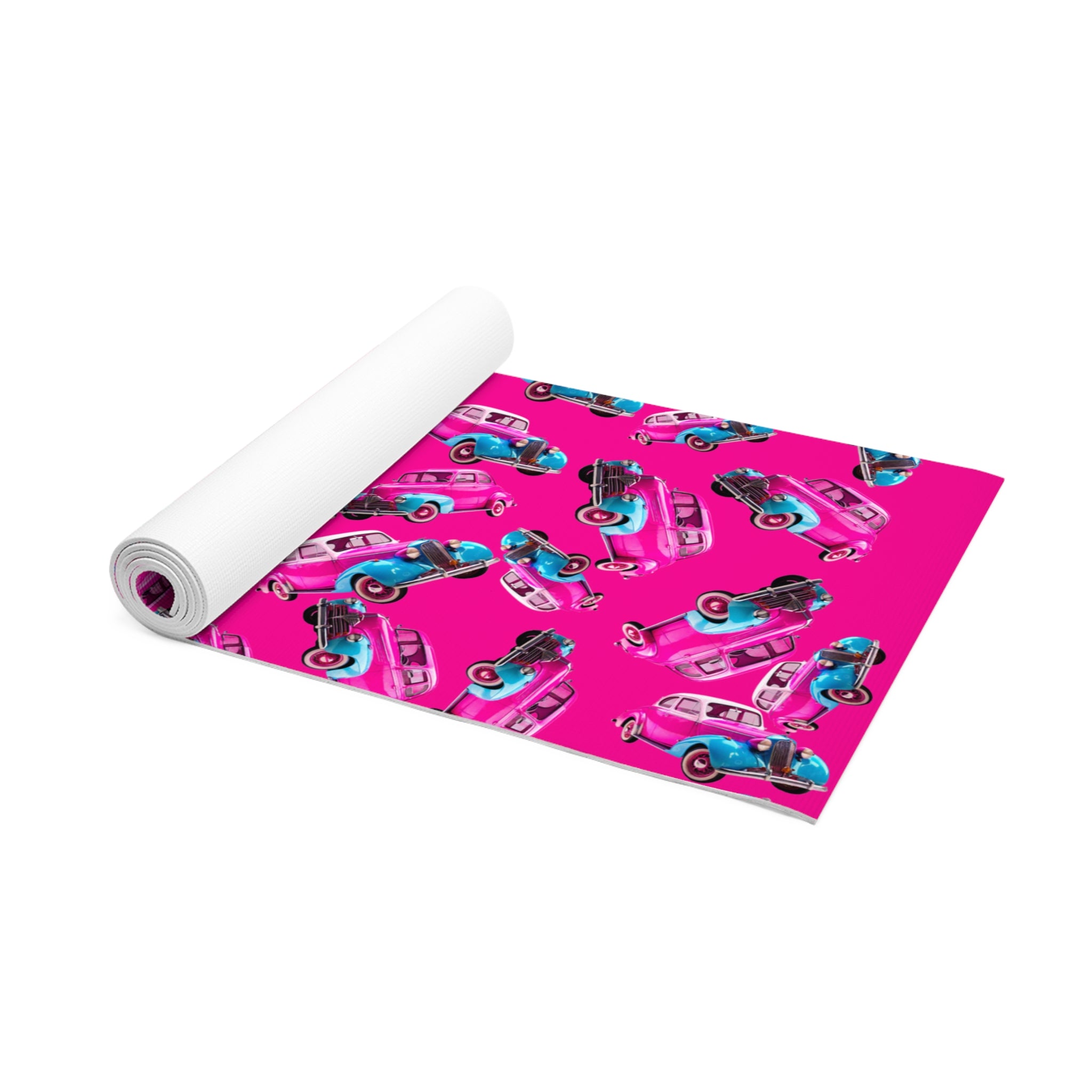 Foam yoga mat cartoon dirty old cars pink