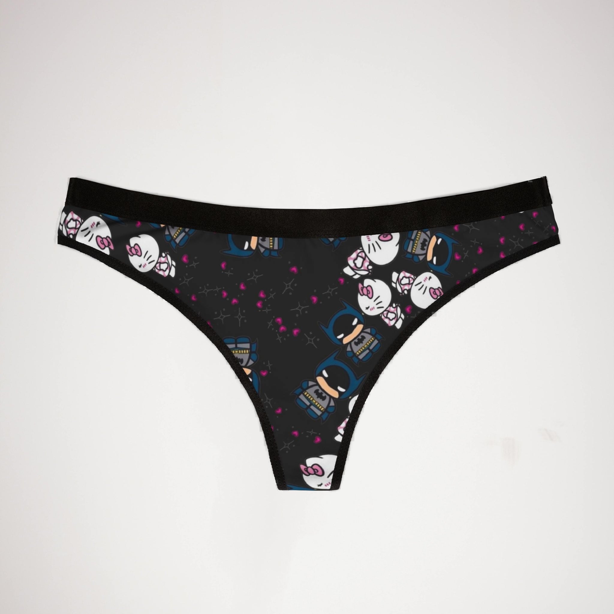 Women's thongs kitty batman valentine kiss black