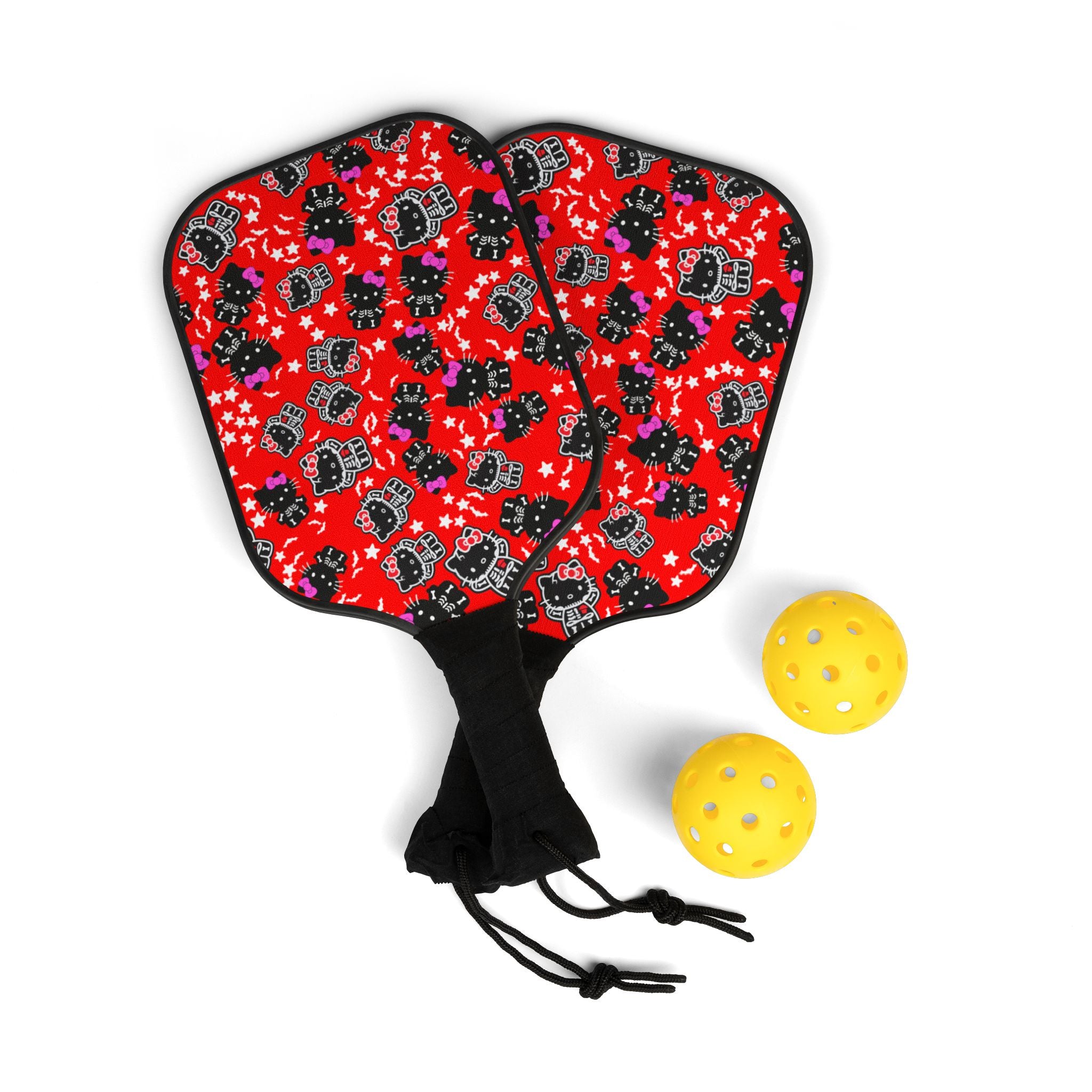 Pickleball kit (2 paddles + 2 balls + transparent bag) kitty halloween bones red