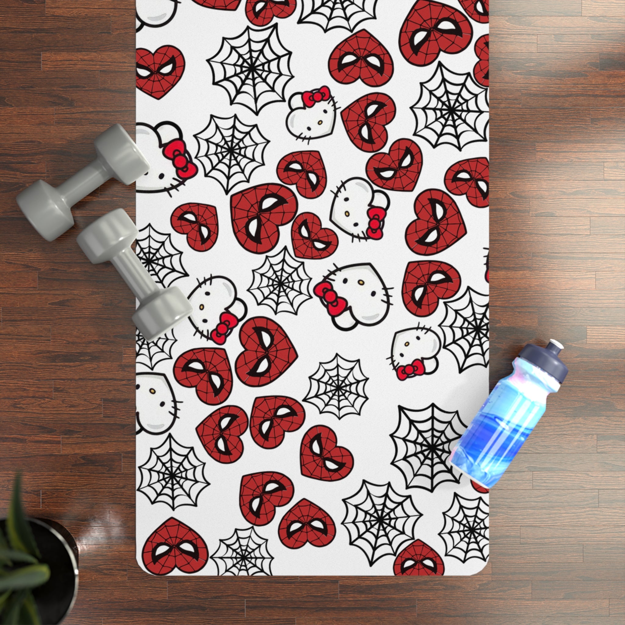 Rubber yoga mat kitty spider web heart white