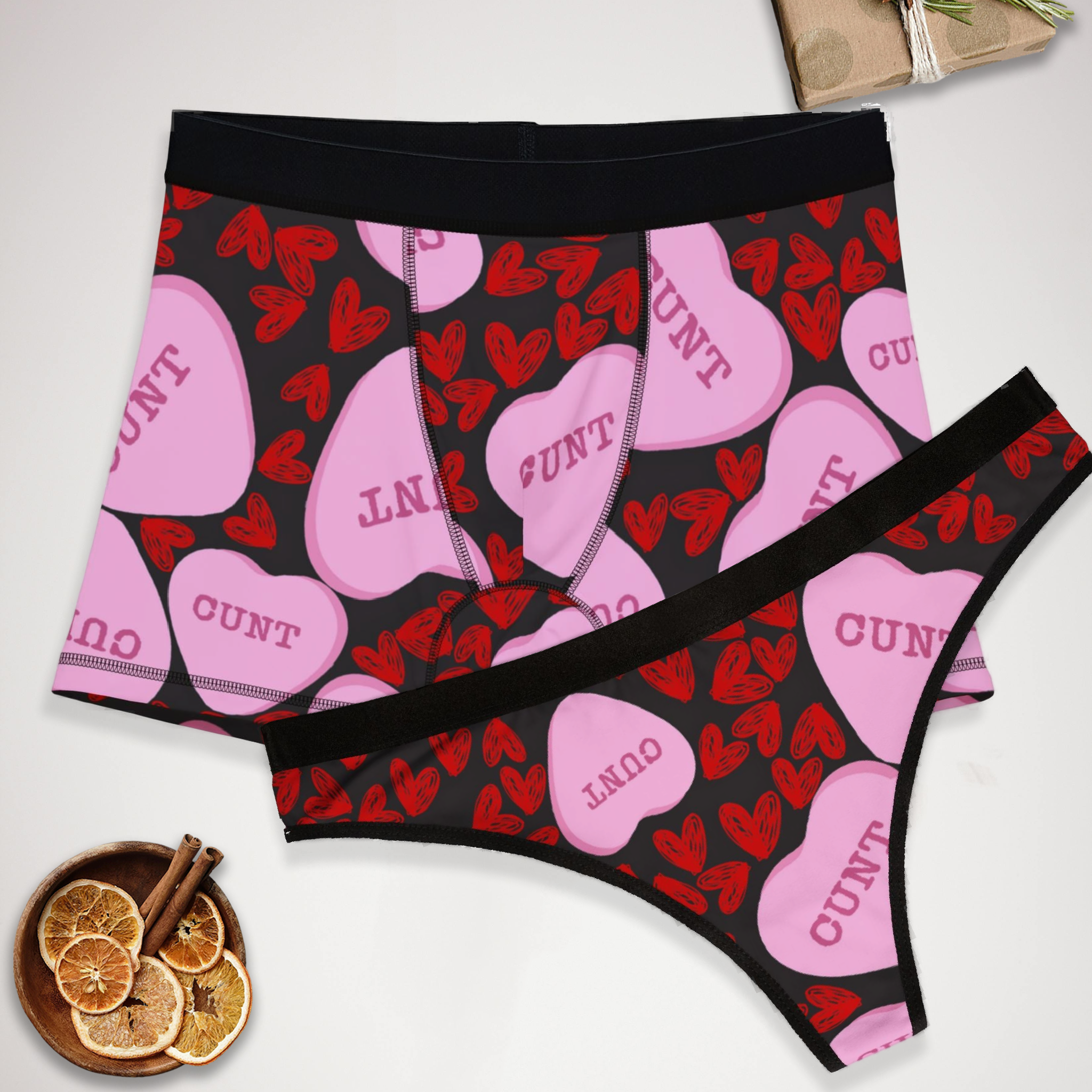 Couples matching  cunt candy heart shape message character underwear set boxer and thong