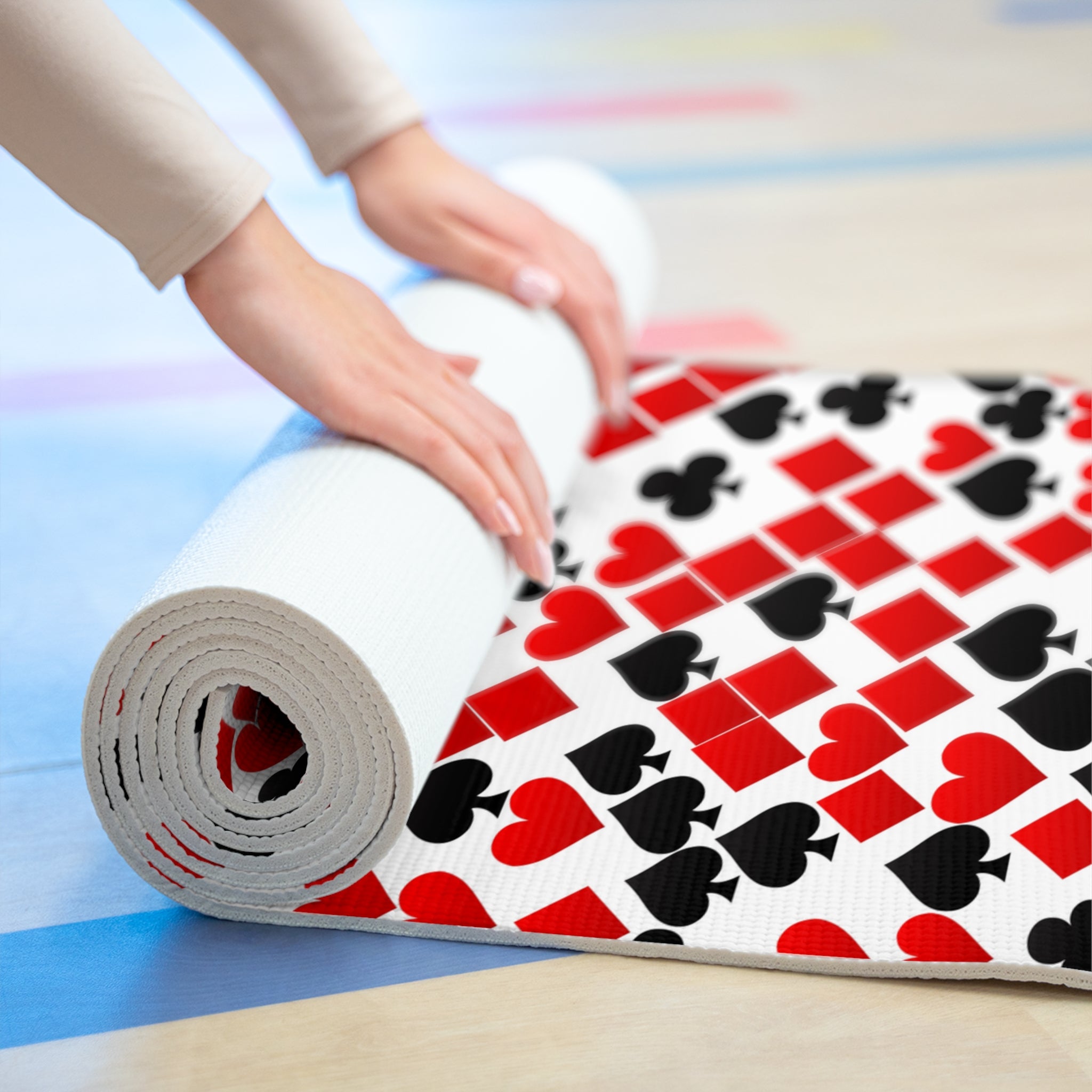 Foam yoga mat playing cards spades hearts diamonds clubs valentine love white