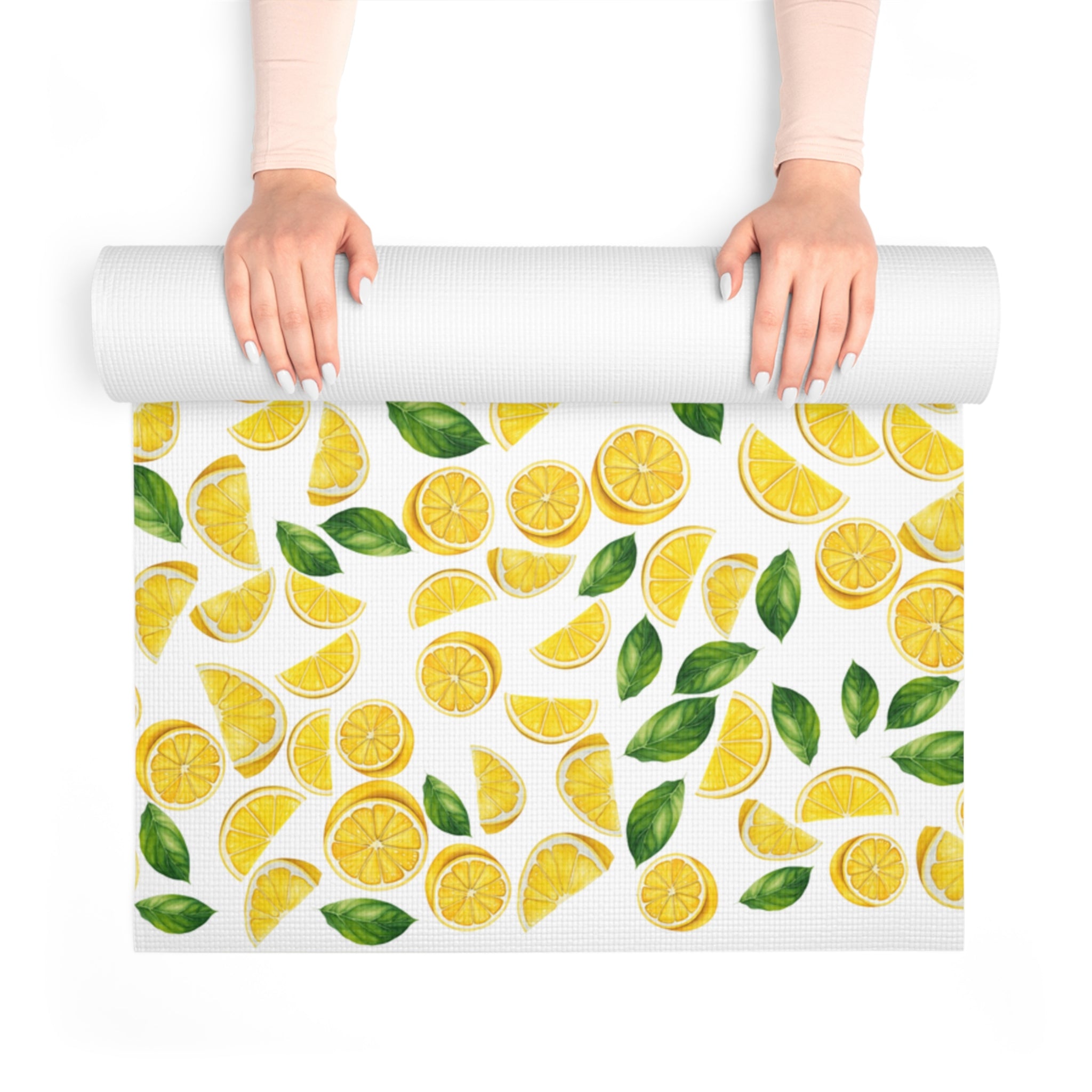 Foam yoga mat lemon and leaves white