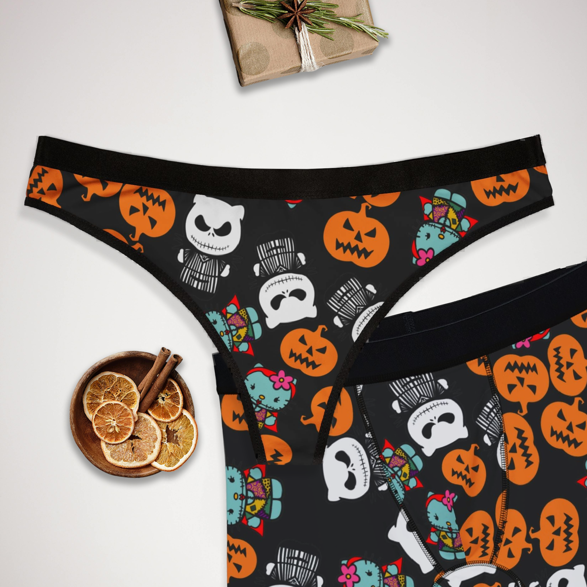 Couples matching  nightmare before christmas pumpkin kitty jack halloween character underwear set boxer and thong