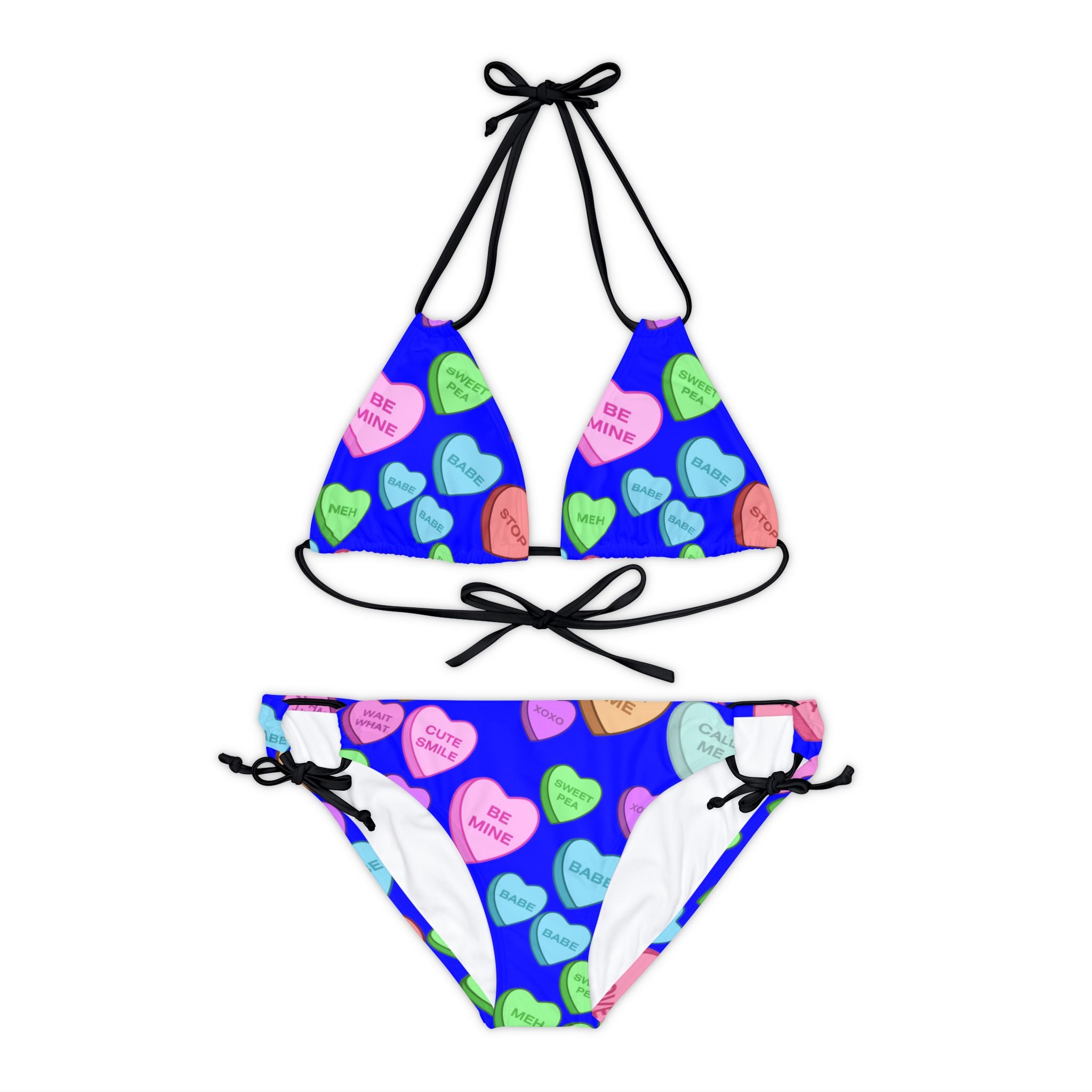 Strappy bikini set candy heart sweet valentine message blue