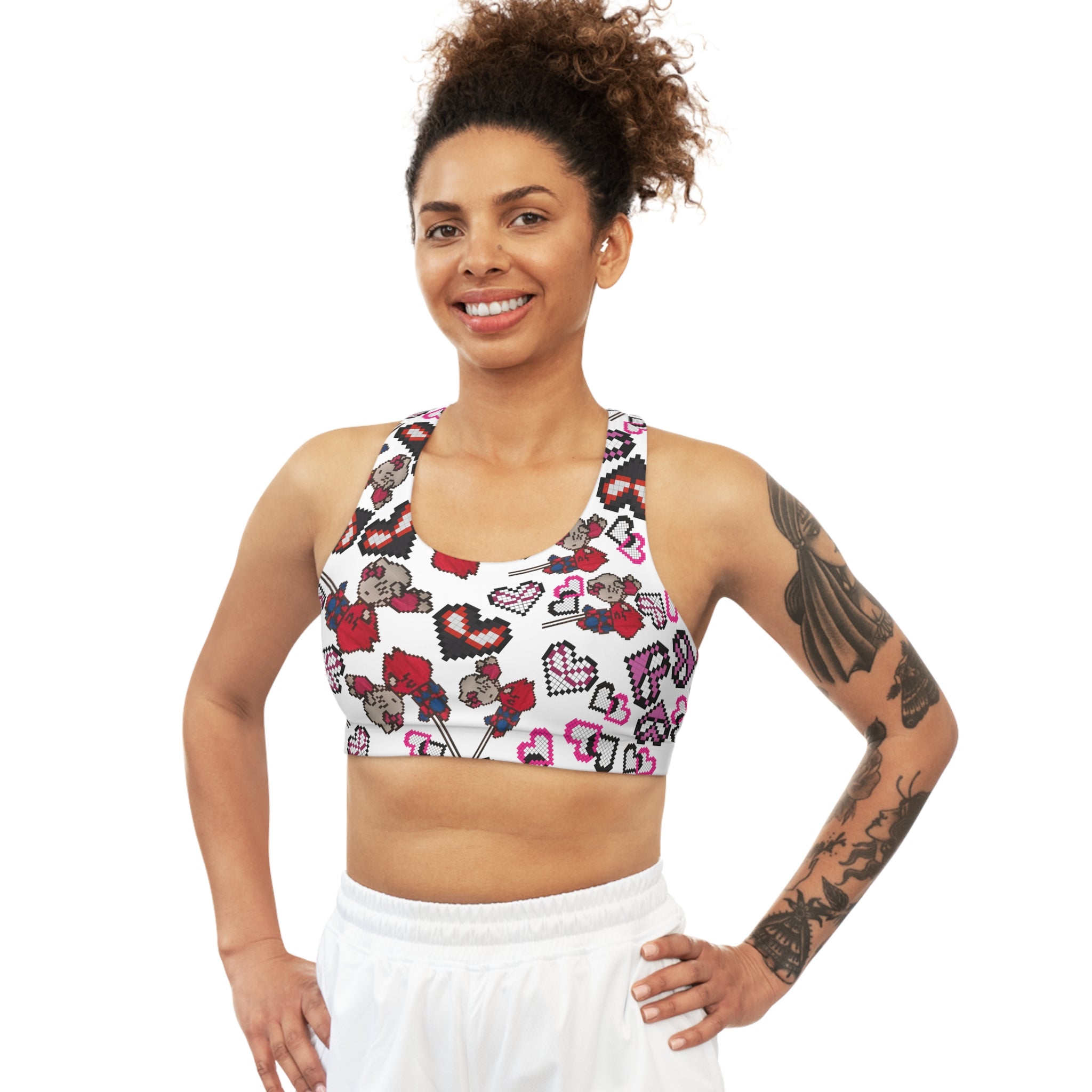 Sports bra spider kitty pixel kiss hearts white