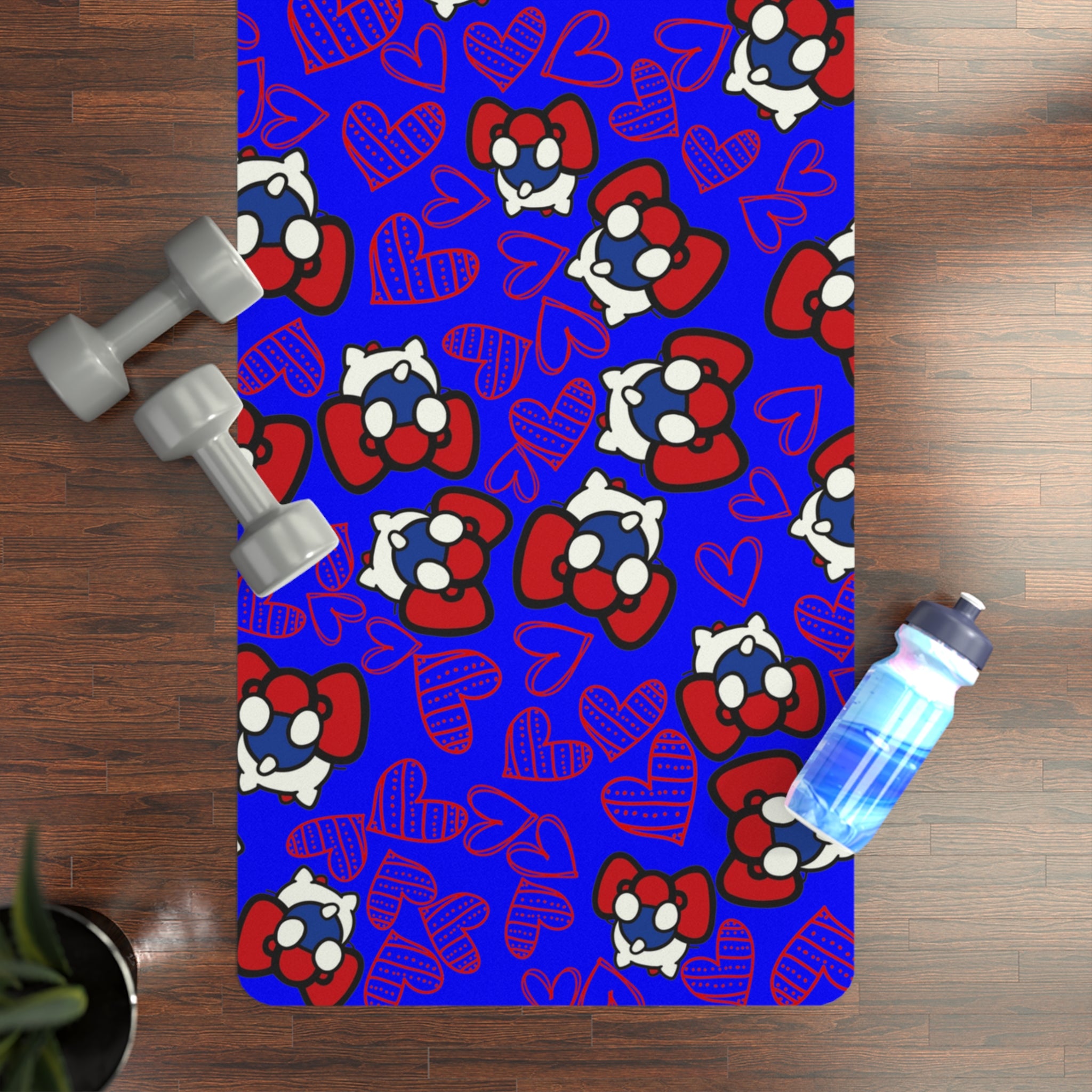 Rubber yoga mat cherry kitty back heart blue