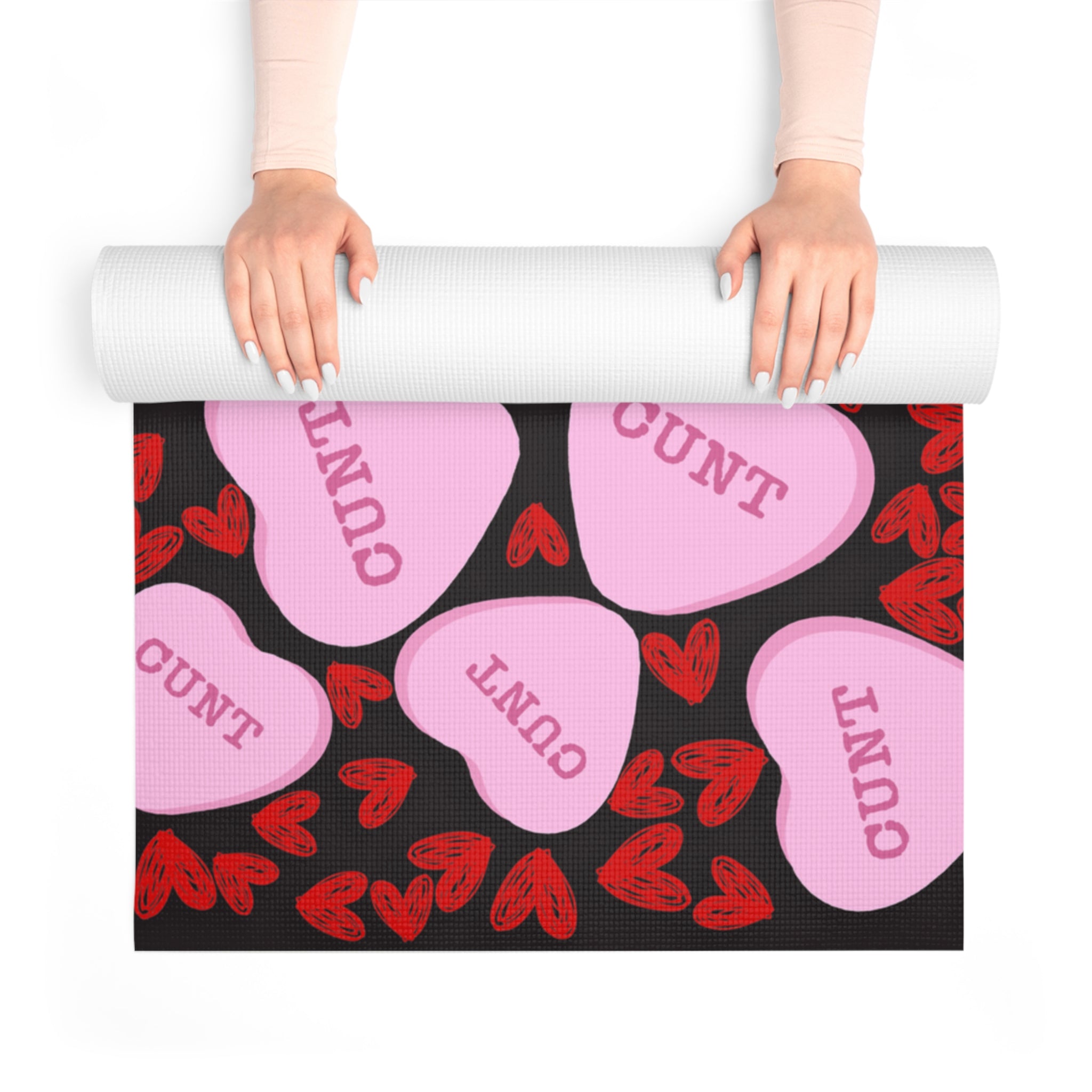 Foam yoga mat cunt candy heart shape message black