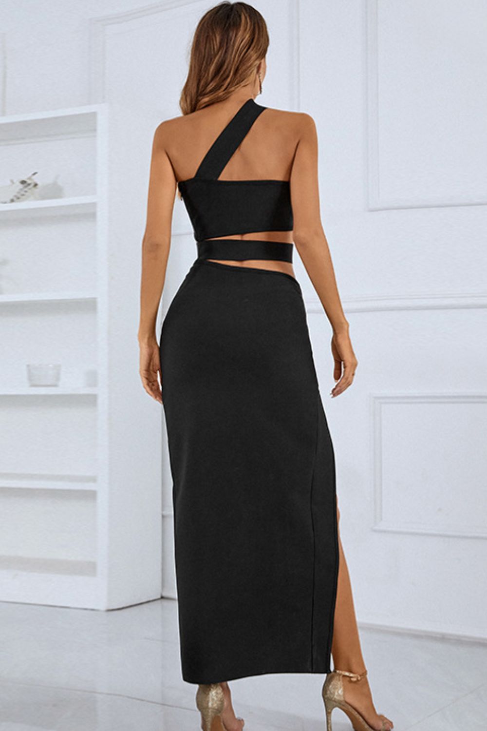 Elegant Black Tie Summer Attire: One-Shoulder Cutout Front Split Maxi Dress, Perfect Wedding Guest Dress for Sophisticated Affairs