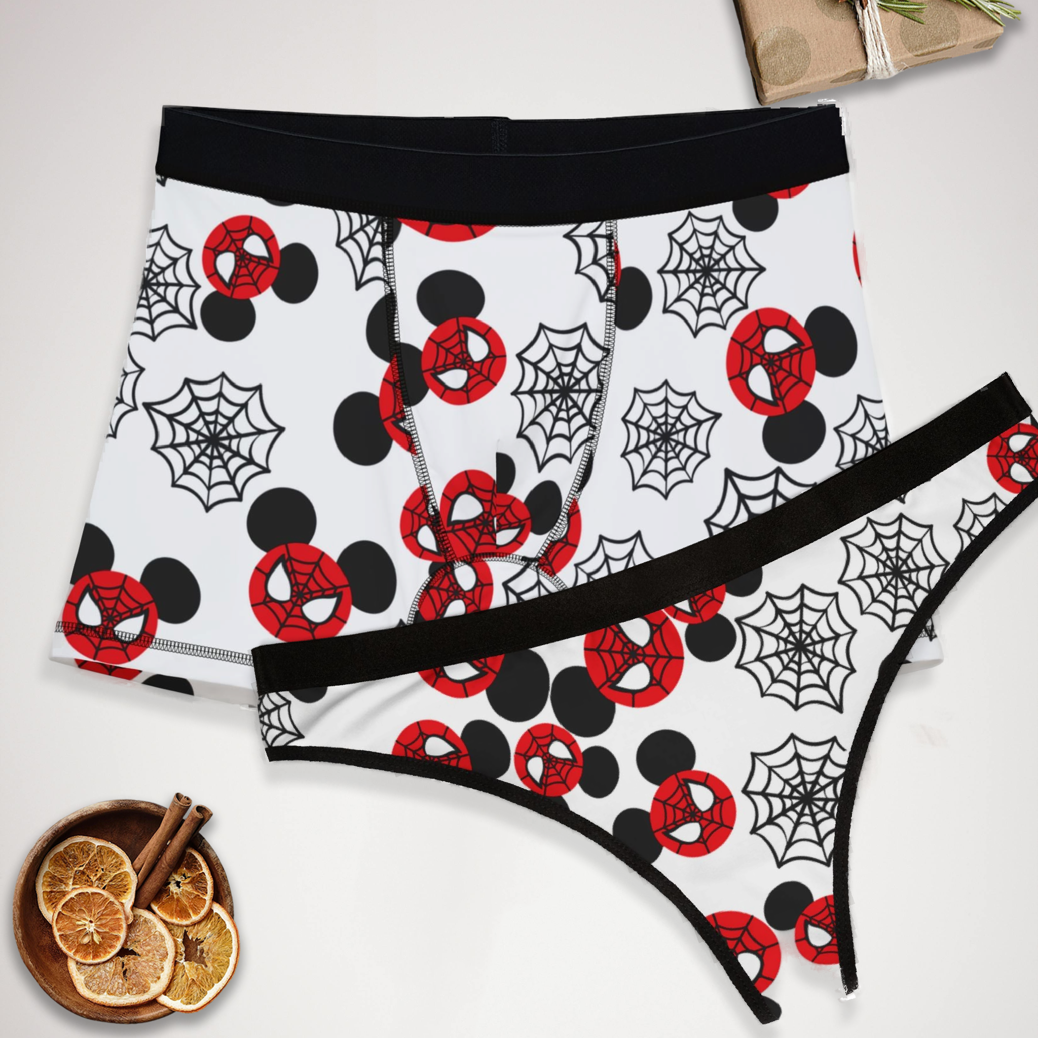 Couples matching  spider mouse web character underwear set boxer and thong