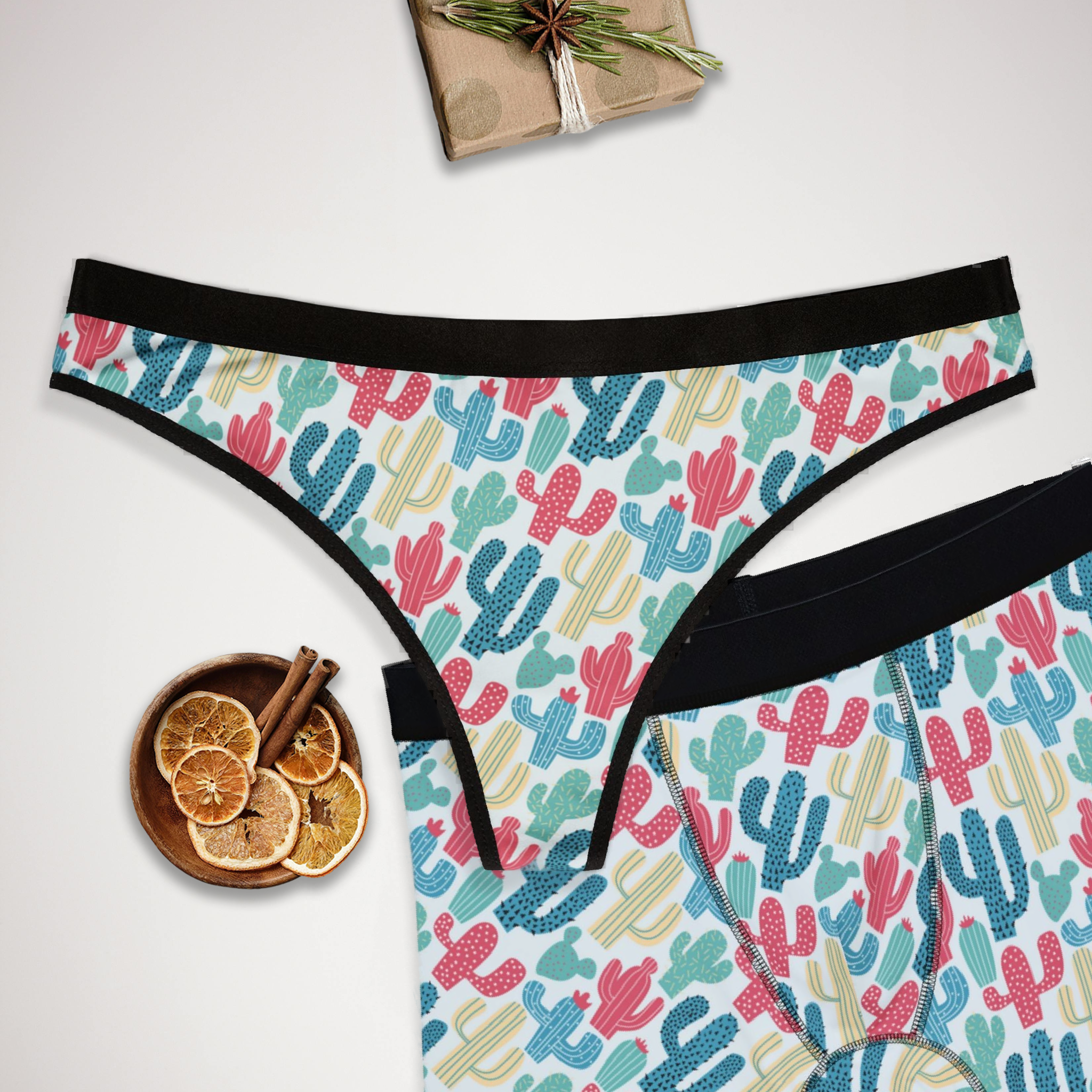 Matching underwear Cactus Colorful Doodle for couples boxer & thong set