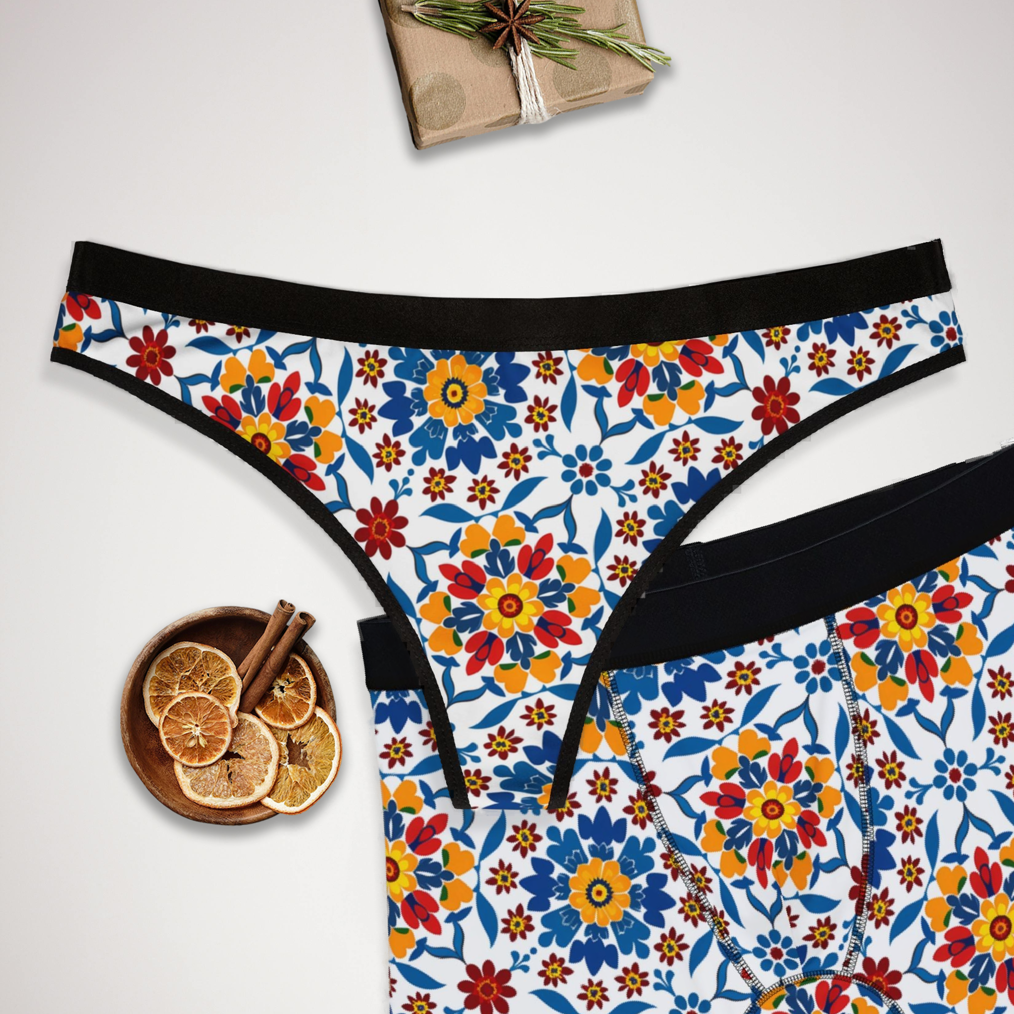 Matching underwear Mexican Flower for couples boxer & thong set