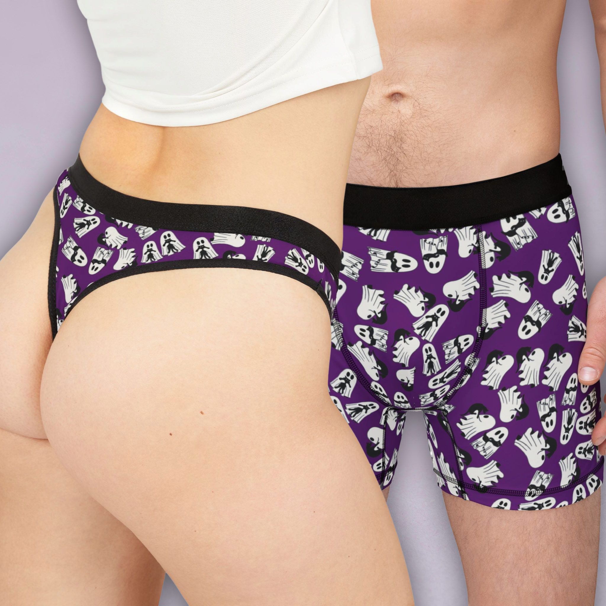 Couples matching halloween cute ghost cat violet character underwear set boxer and thong