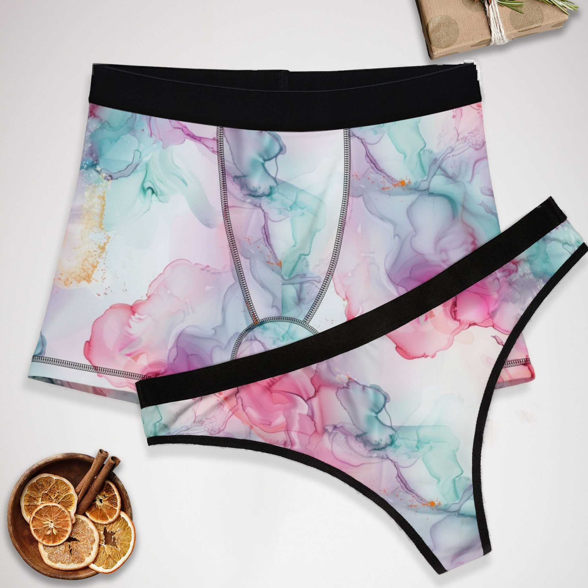 Matching underwear Pastel alcohol Ink for couples boxer & thong set