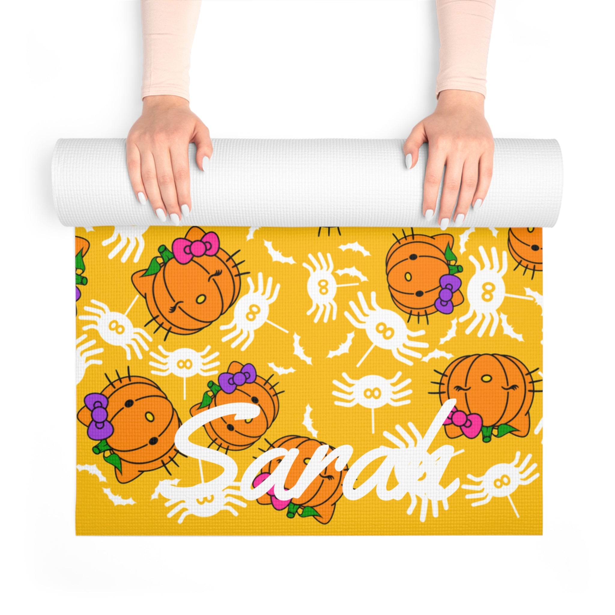 Custom name foam yoga mat double pumpkin kitty halloween yellow