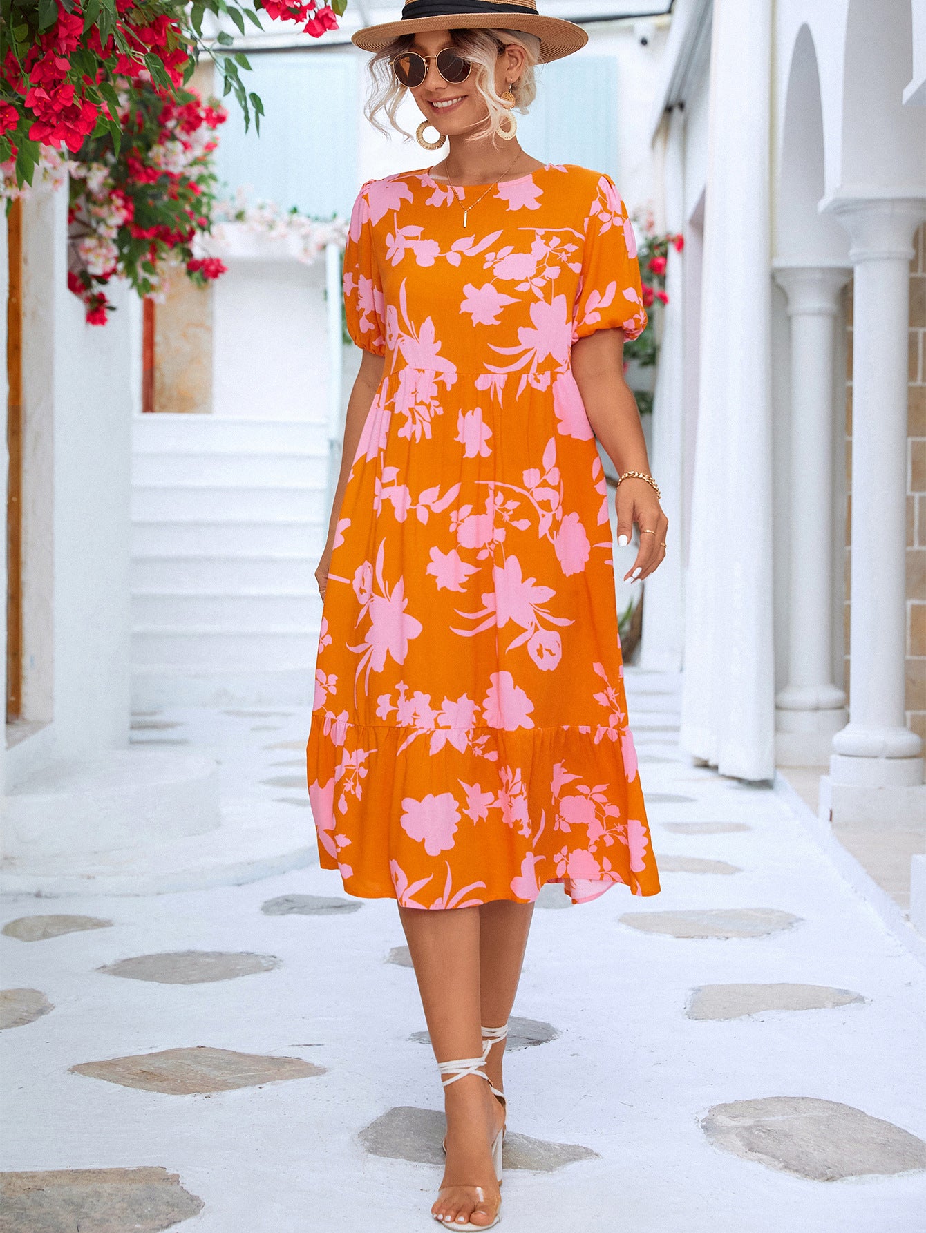 Summer Wedding Ready: Floral Puff Sleeve Midi Dress for Beach Guests