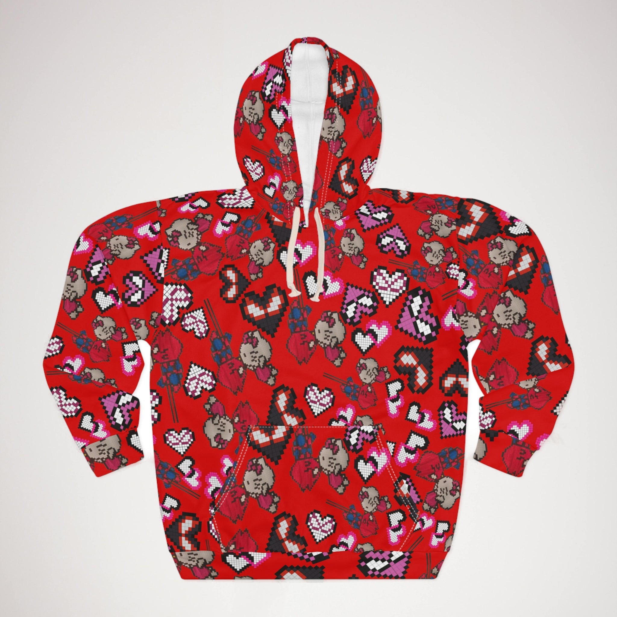 Unisex pullover hoodie spider kitty pixel kiss hearts red