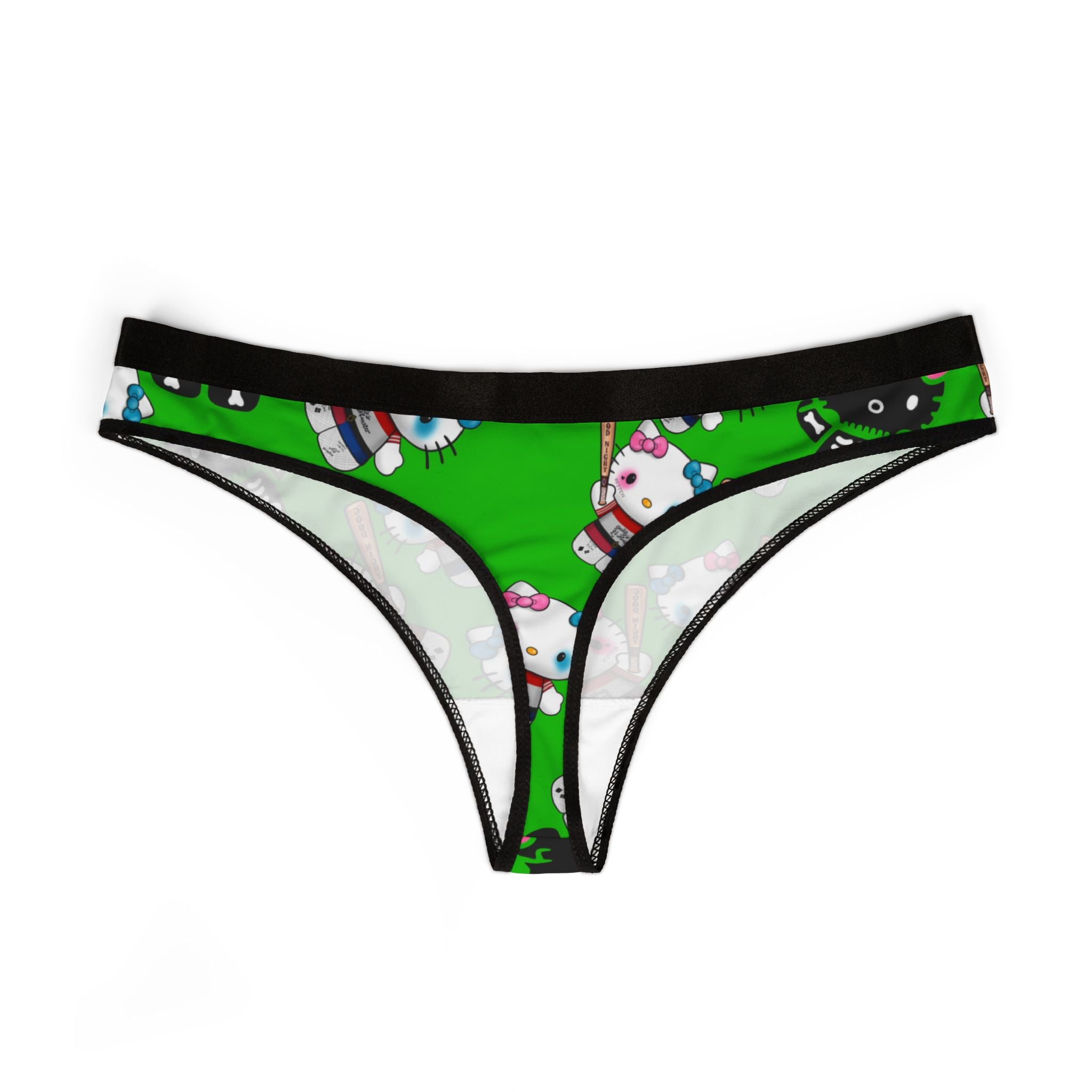 Women's thongs kitty monster Halloween bone green