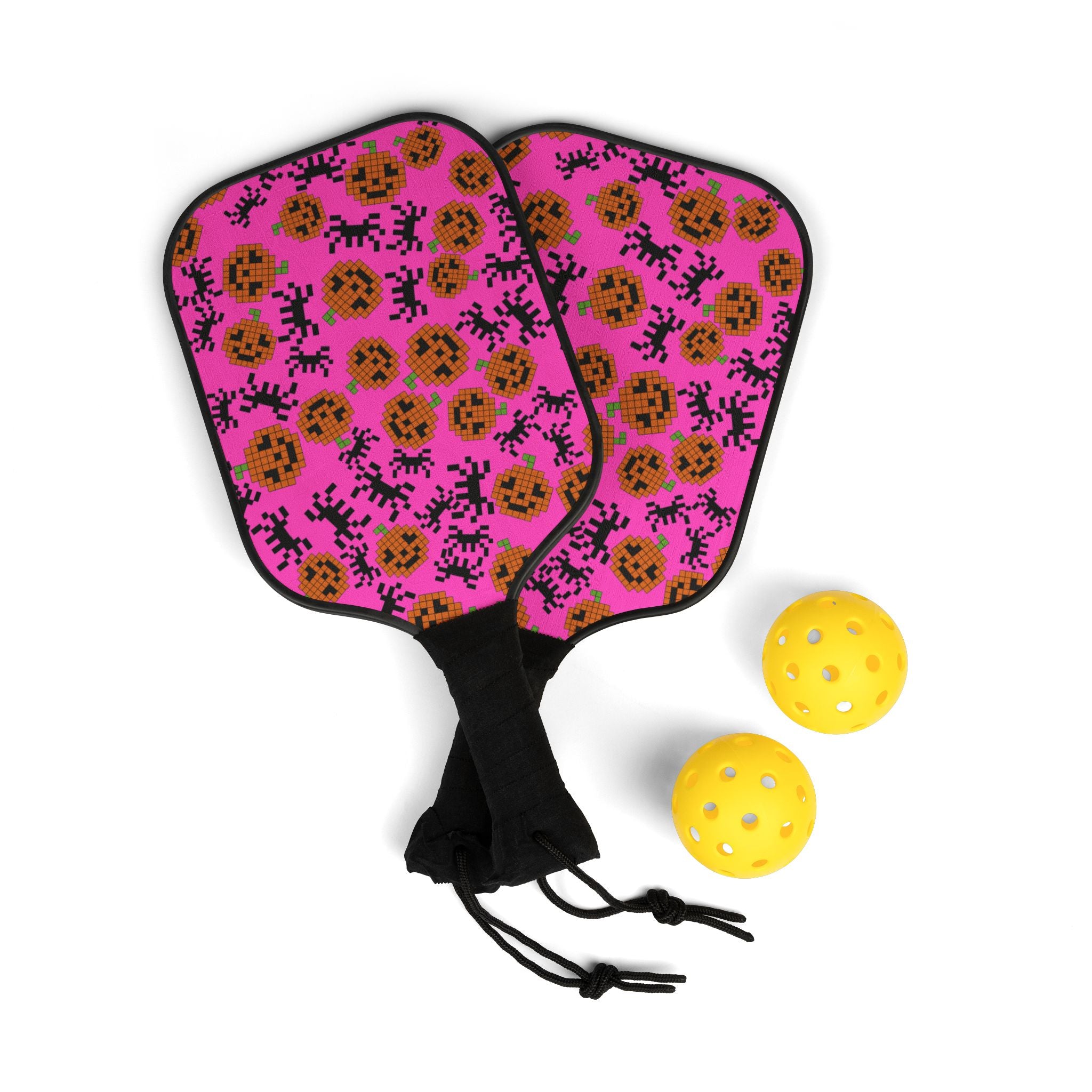 Pickleball kit (2 paddles + 2 balls + transparent bag) pumpkin spider pixel halloween pink