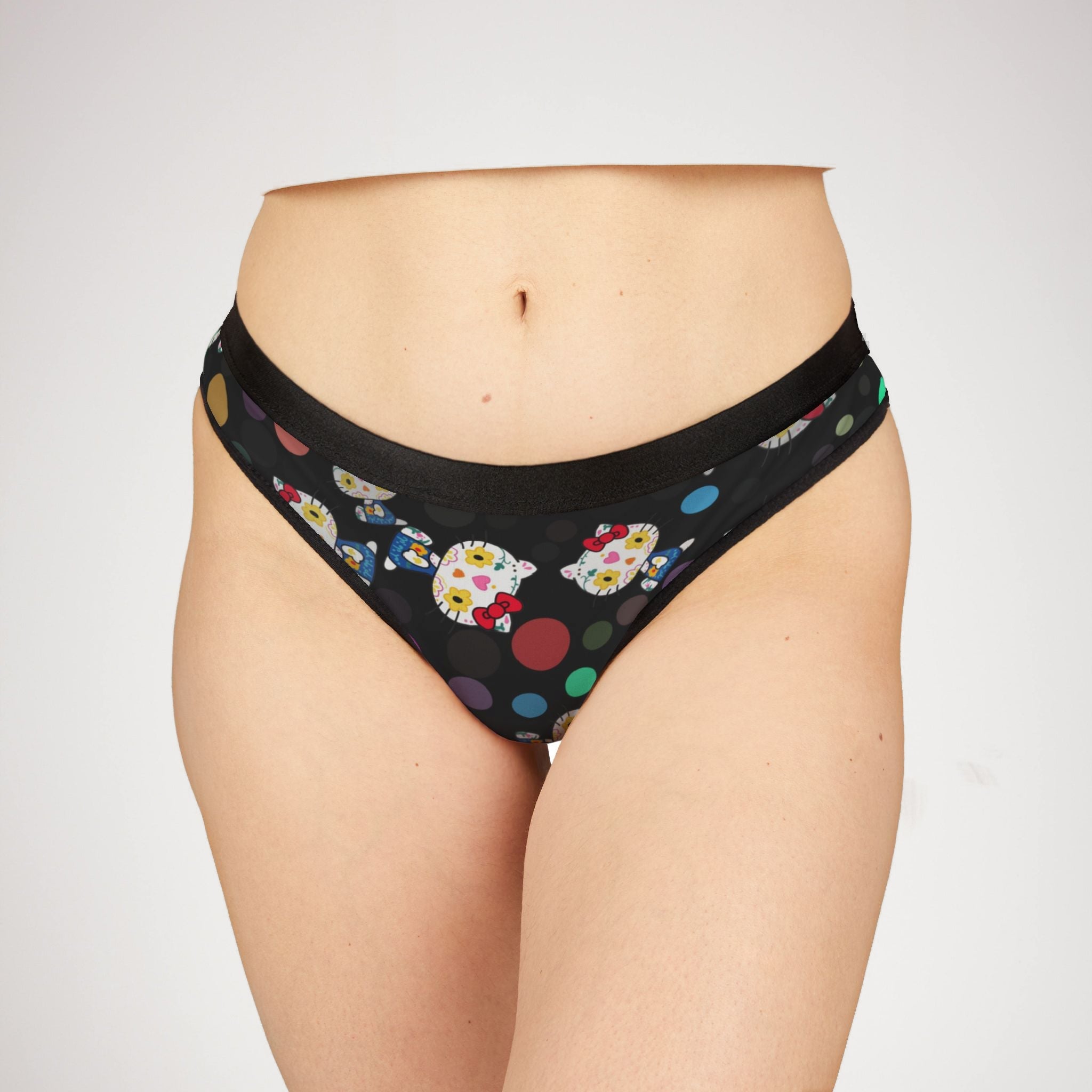 Women's thongs kitty flower polka dots black