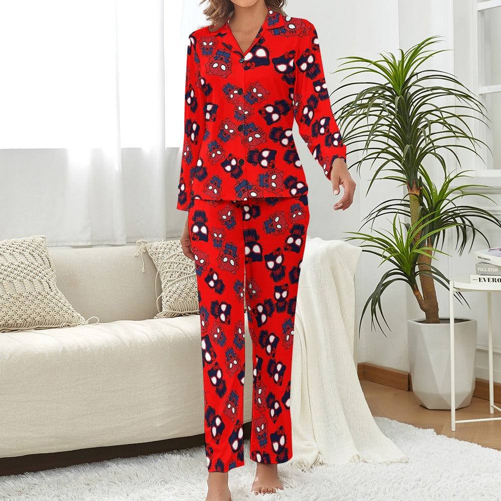 Women's Pajama Set kitty spider dark red