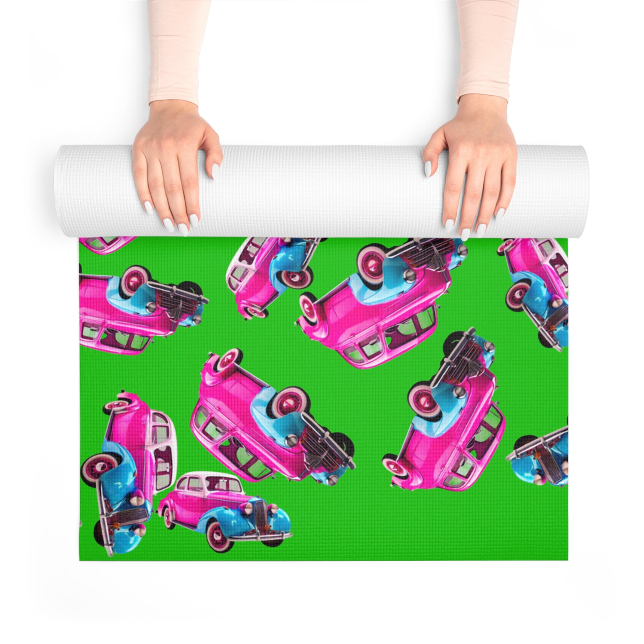 Foam yoga mat cartoon dirty old cars green