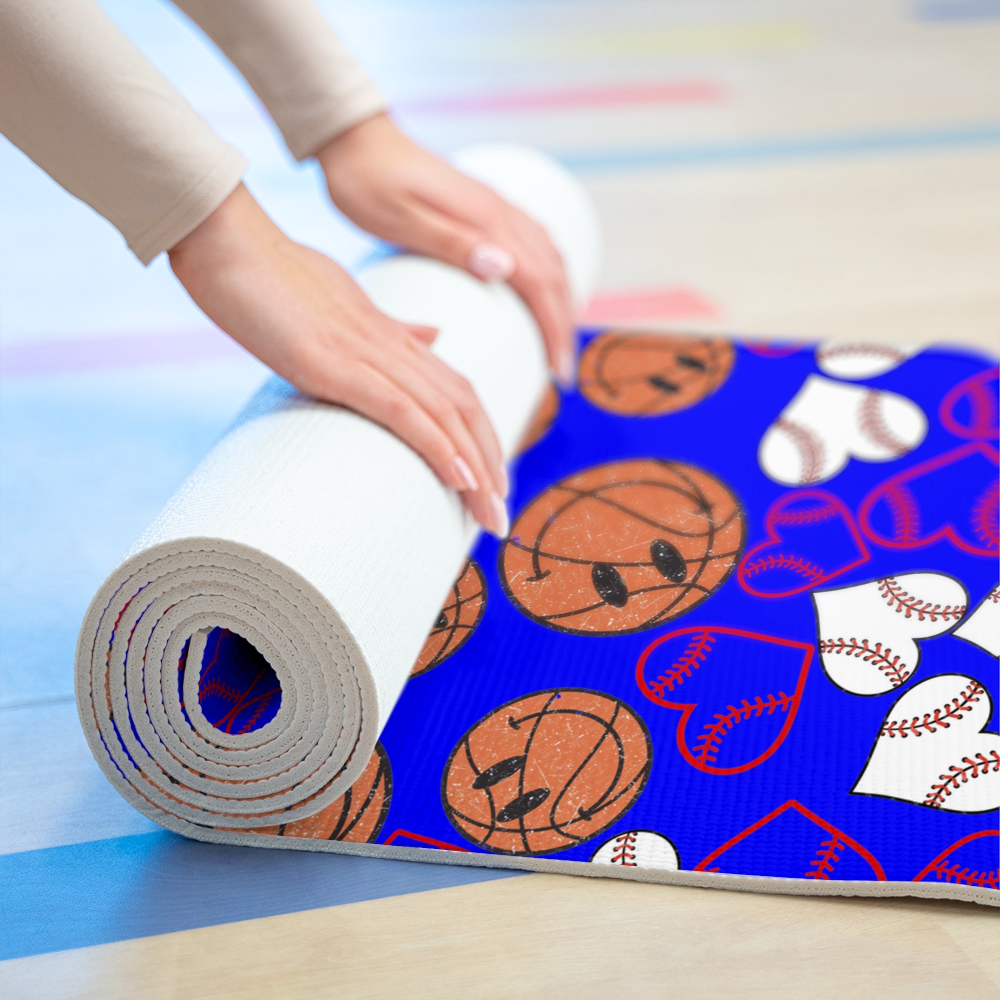 Foam yoga mat basketball hearts valentine blue