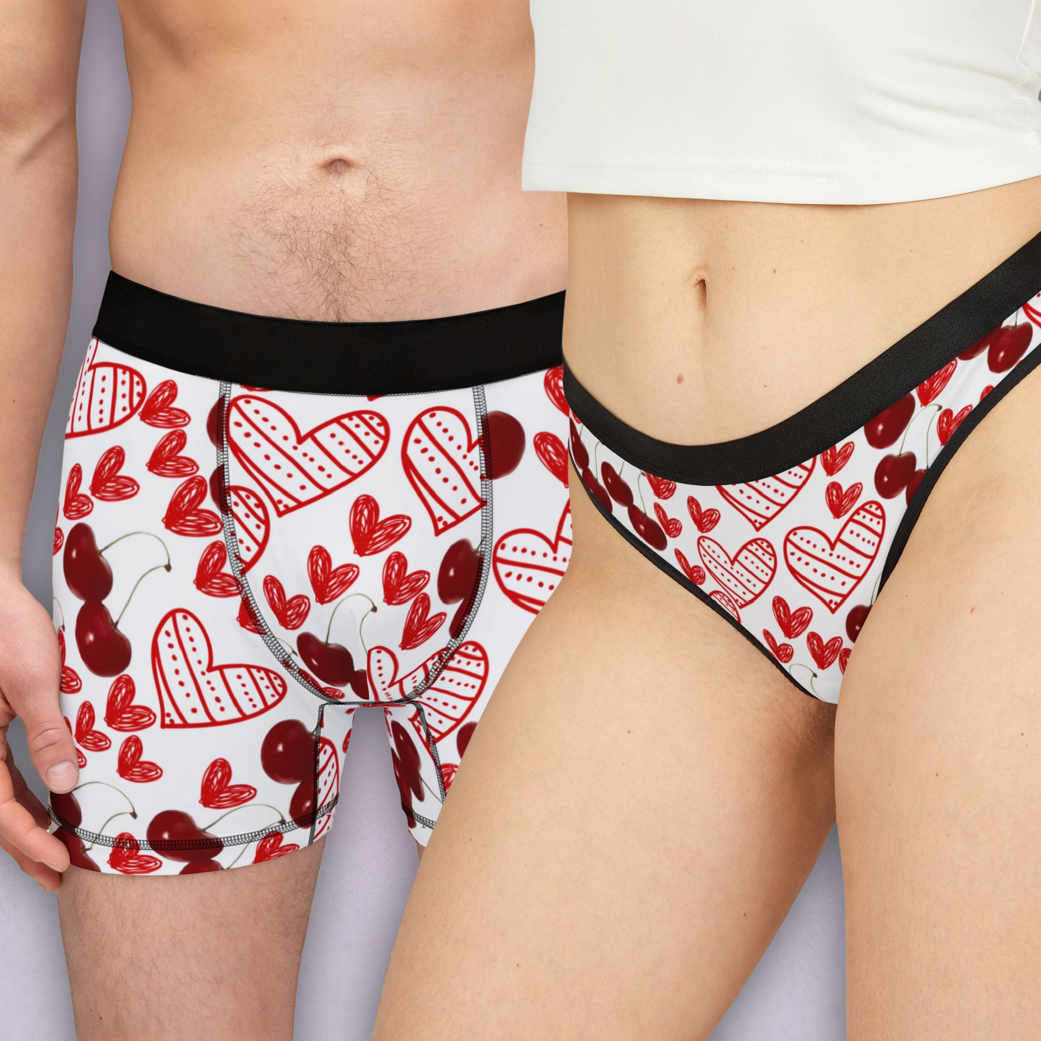 Couples matching  cherry and  sweet hearts white character underwear set boxer and thong