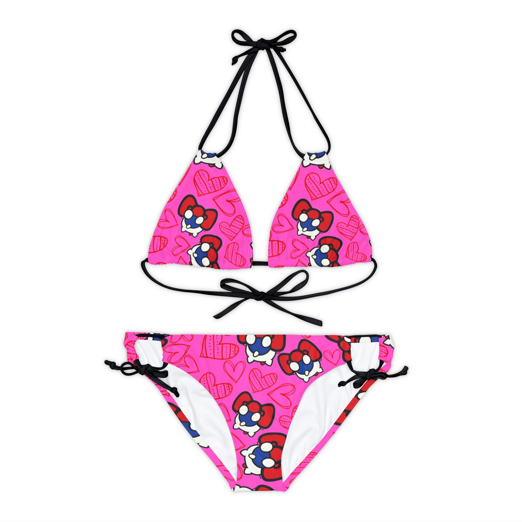 Strappy bikini set cherry kitty back heart pink