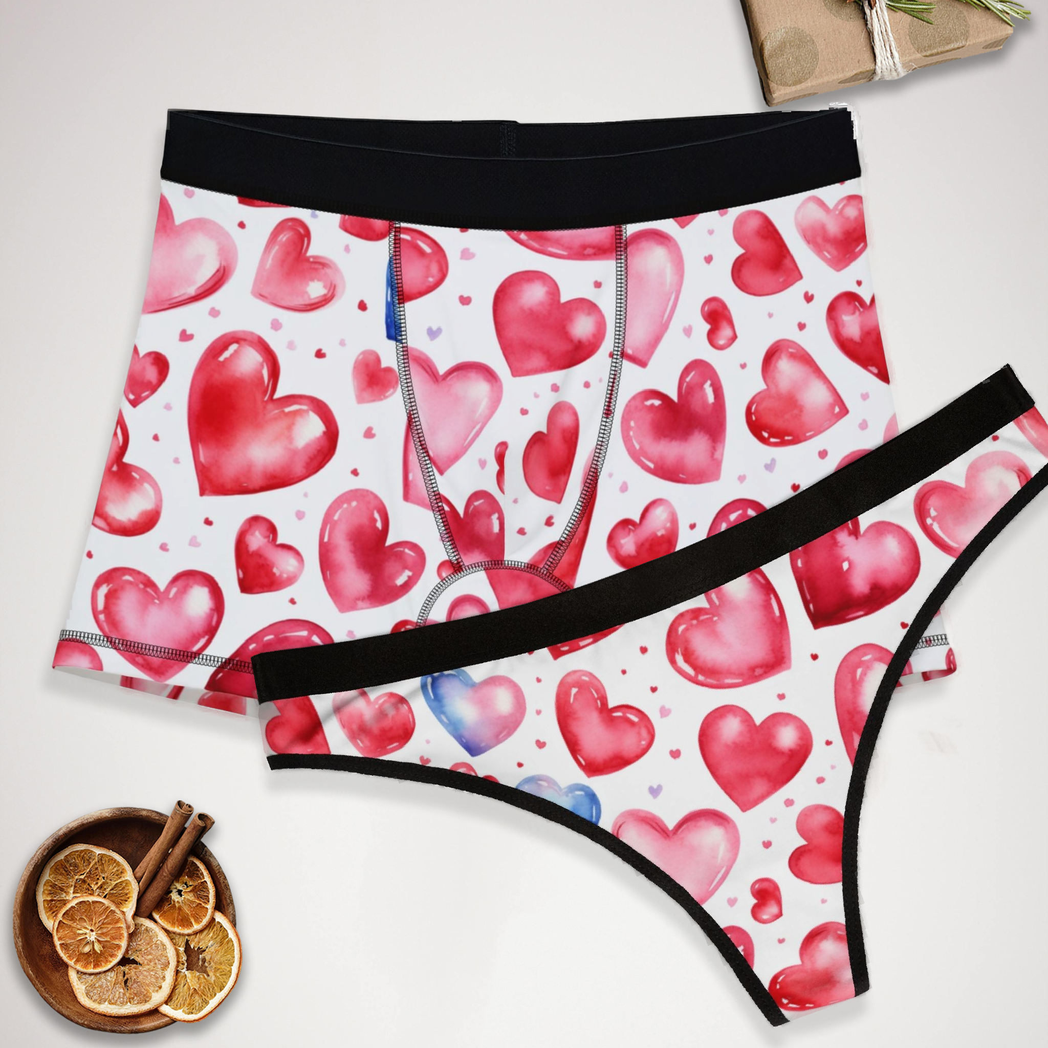 Matching underwear Valentines Day Heart for couples boxer & thong set