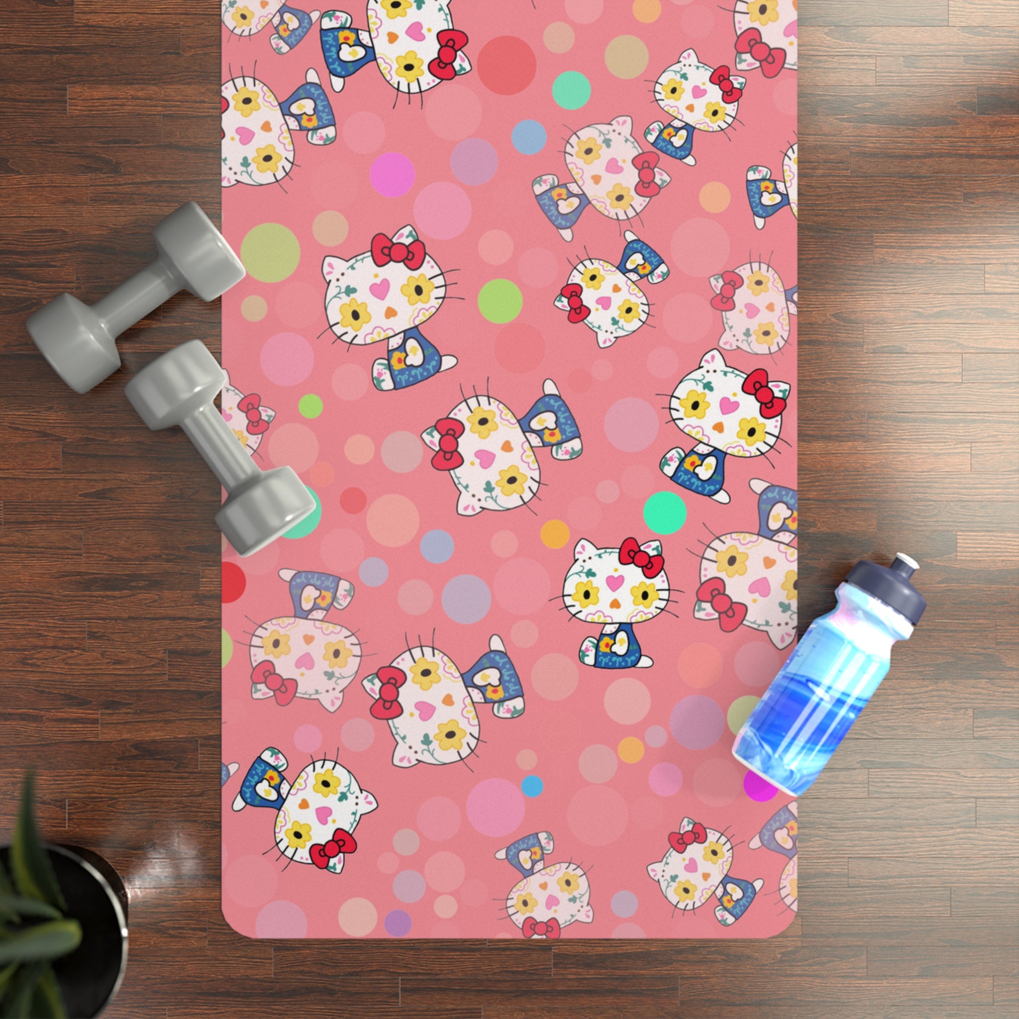 Rubber yoga mat kitty flower polka dots pink