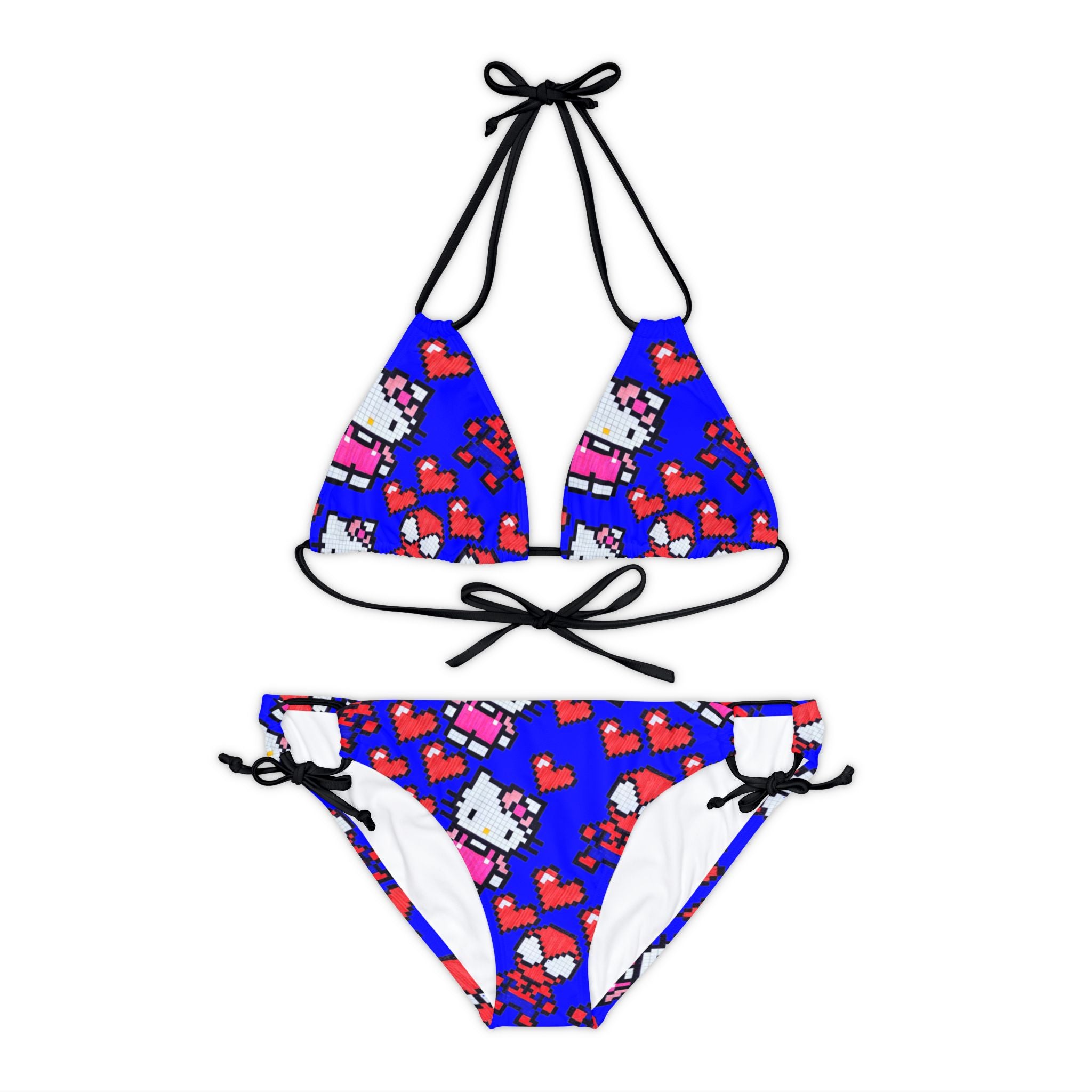 Strappy bikini set spider kitty pixel heart love valentine blue