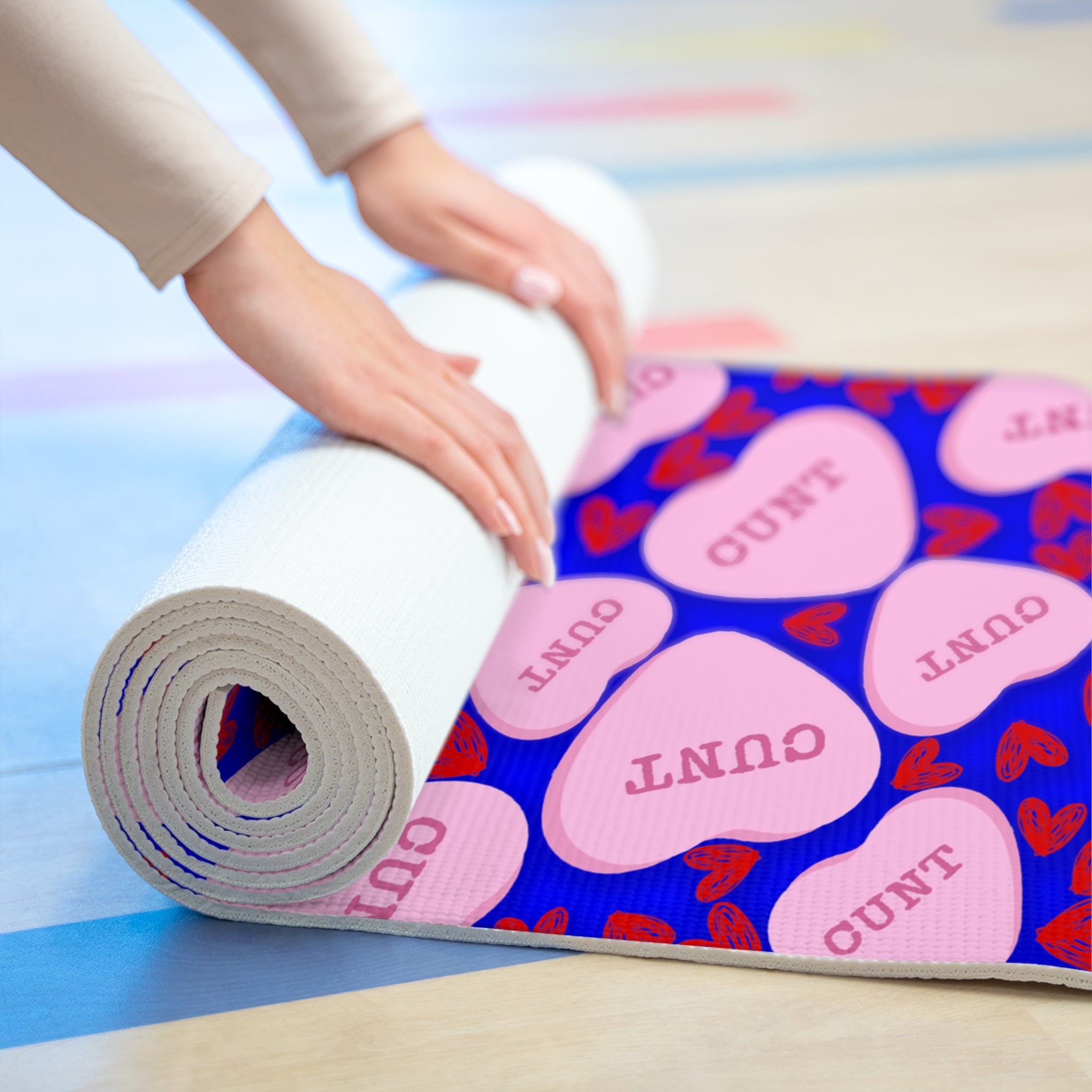 Foam yoga mat cunt candy heart shape message blue