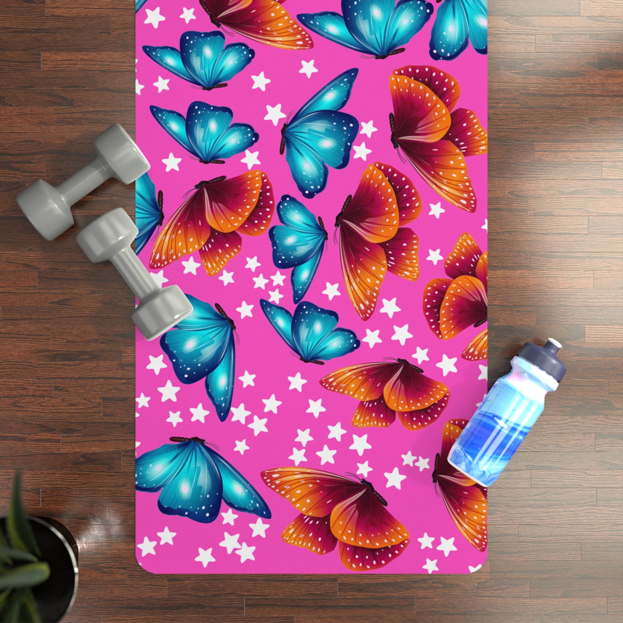 Rubber yoga mat butterflies stars pink