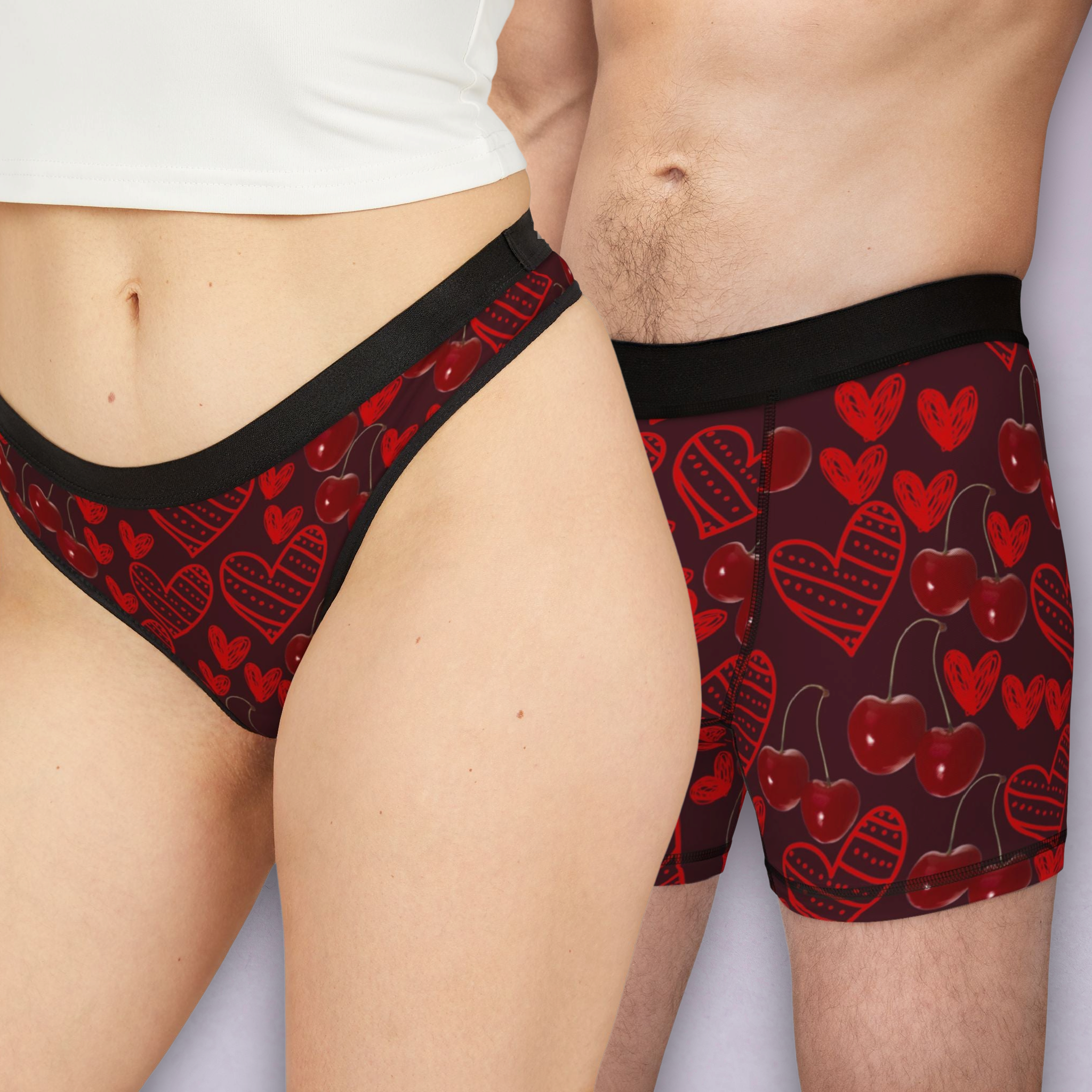 Couples matching  cherry and  sweet hearts red character underwear set boxer and thong