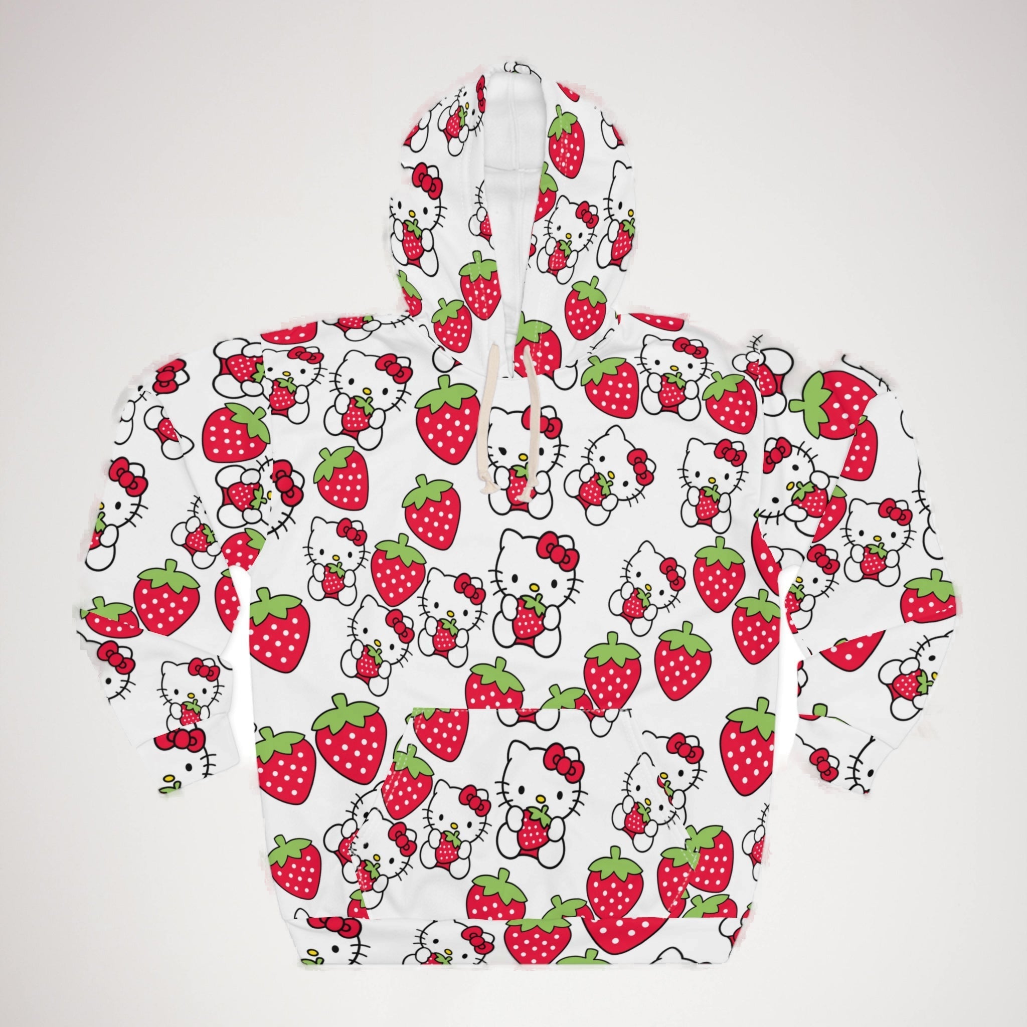 Unisex pullover hoodie kitty strawberry valentine love white