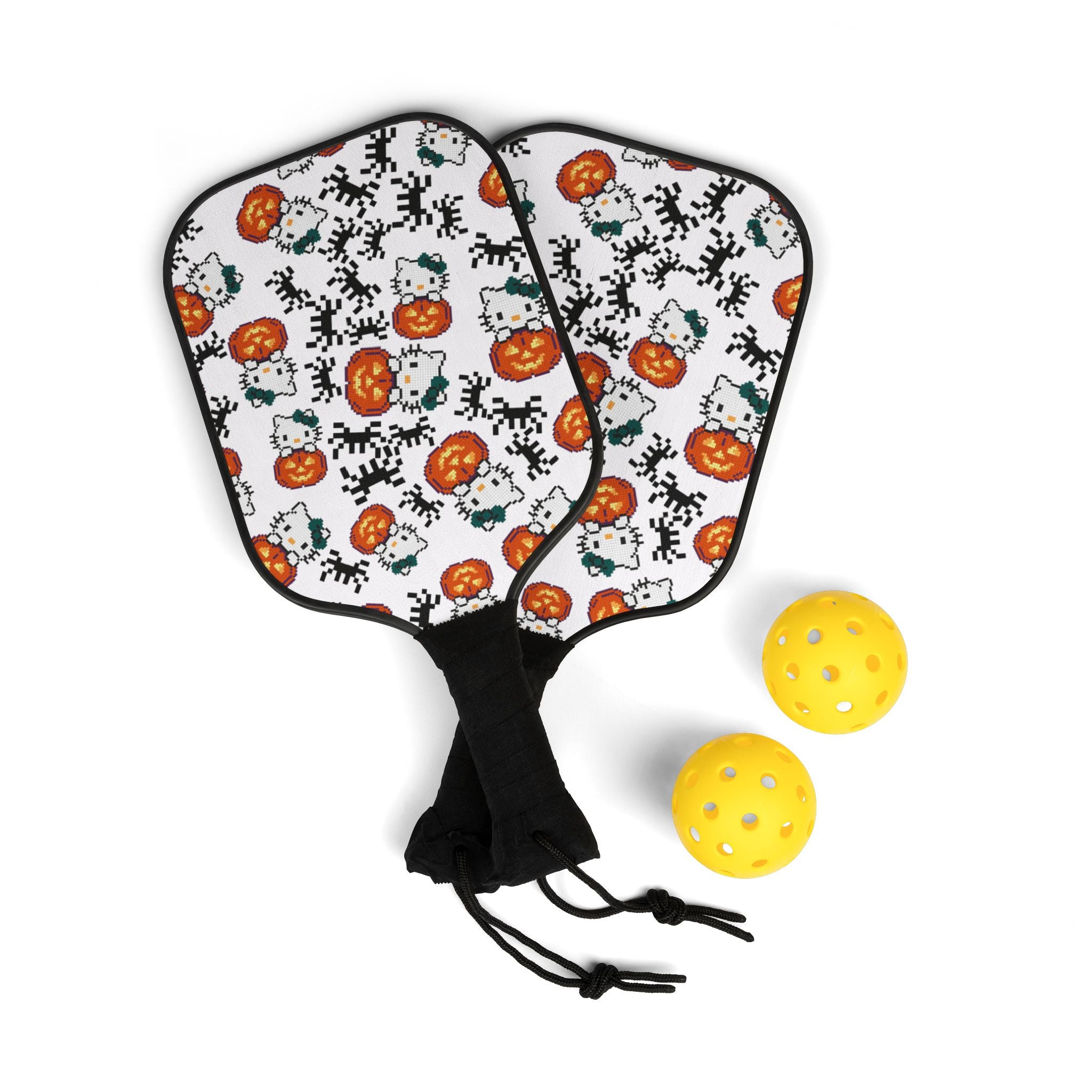 Pickleball kit (2 paddles + 2 balls + transparent bag) kitty pumpkin Halloween pixel spider white