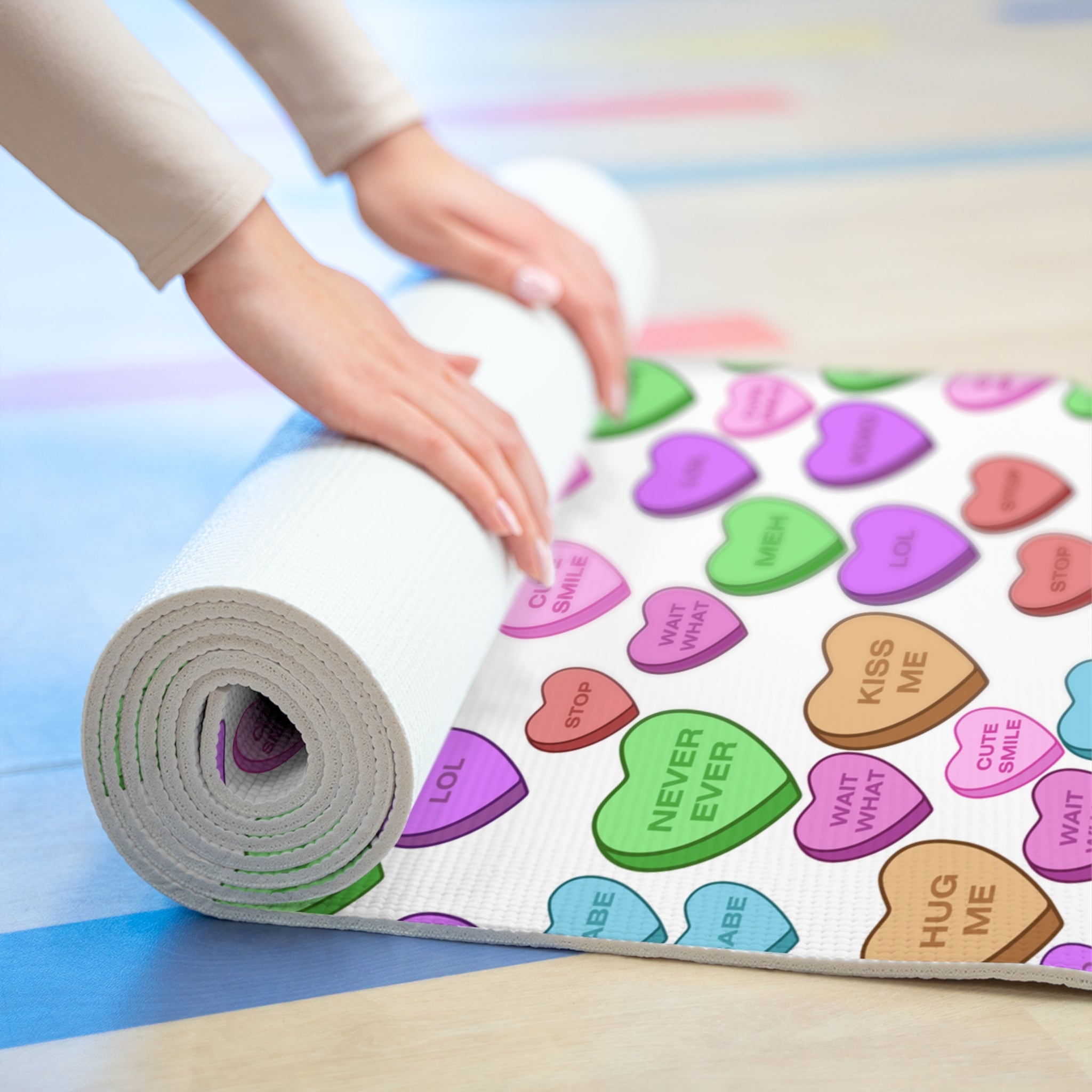 Foam yoga mat candy heart sweet valentine message white