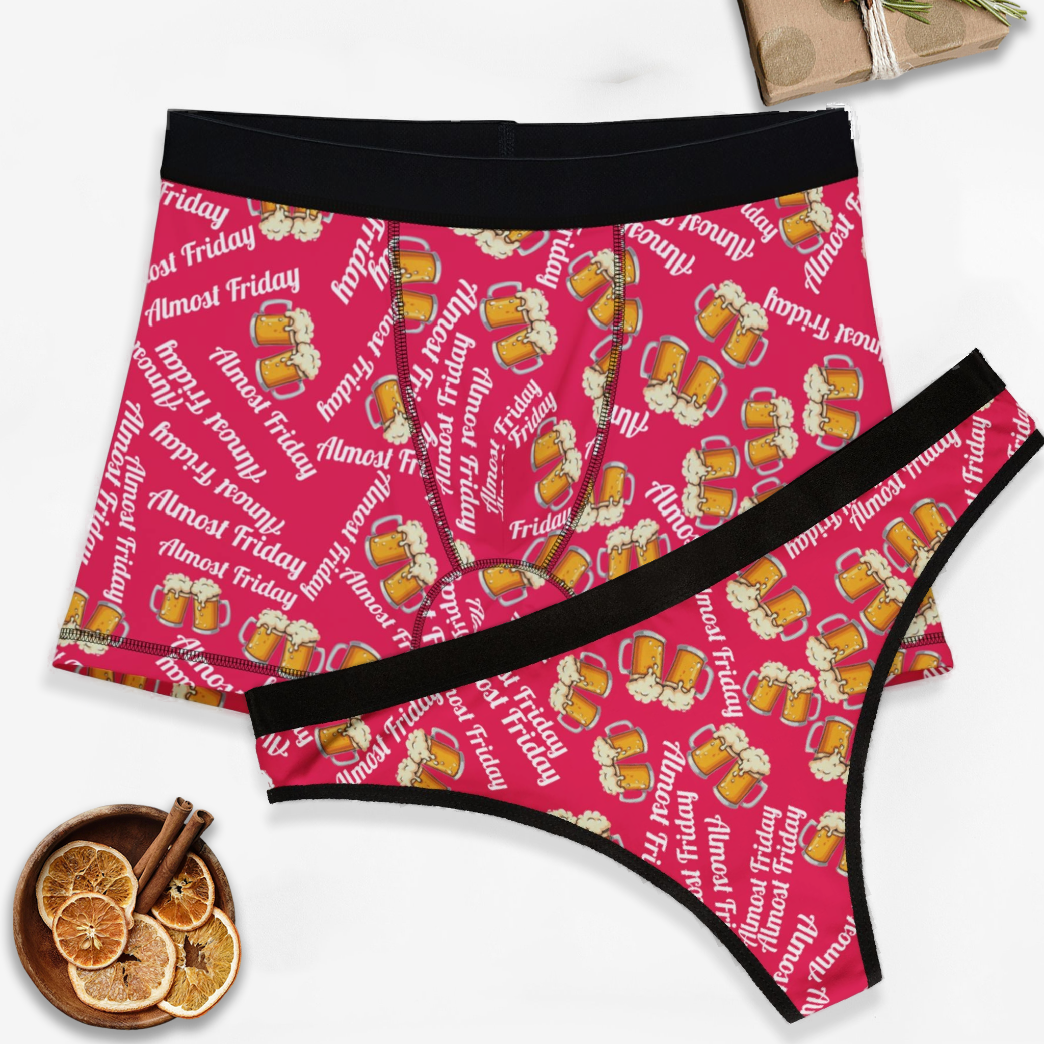 Couples matching  almost friday beer pink character underwear set boxer and thong