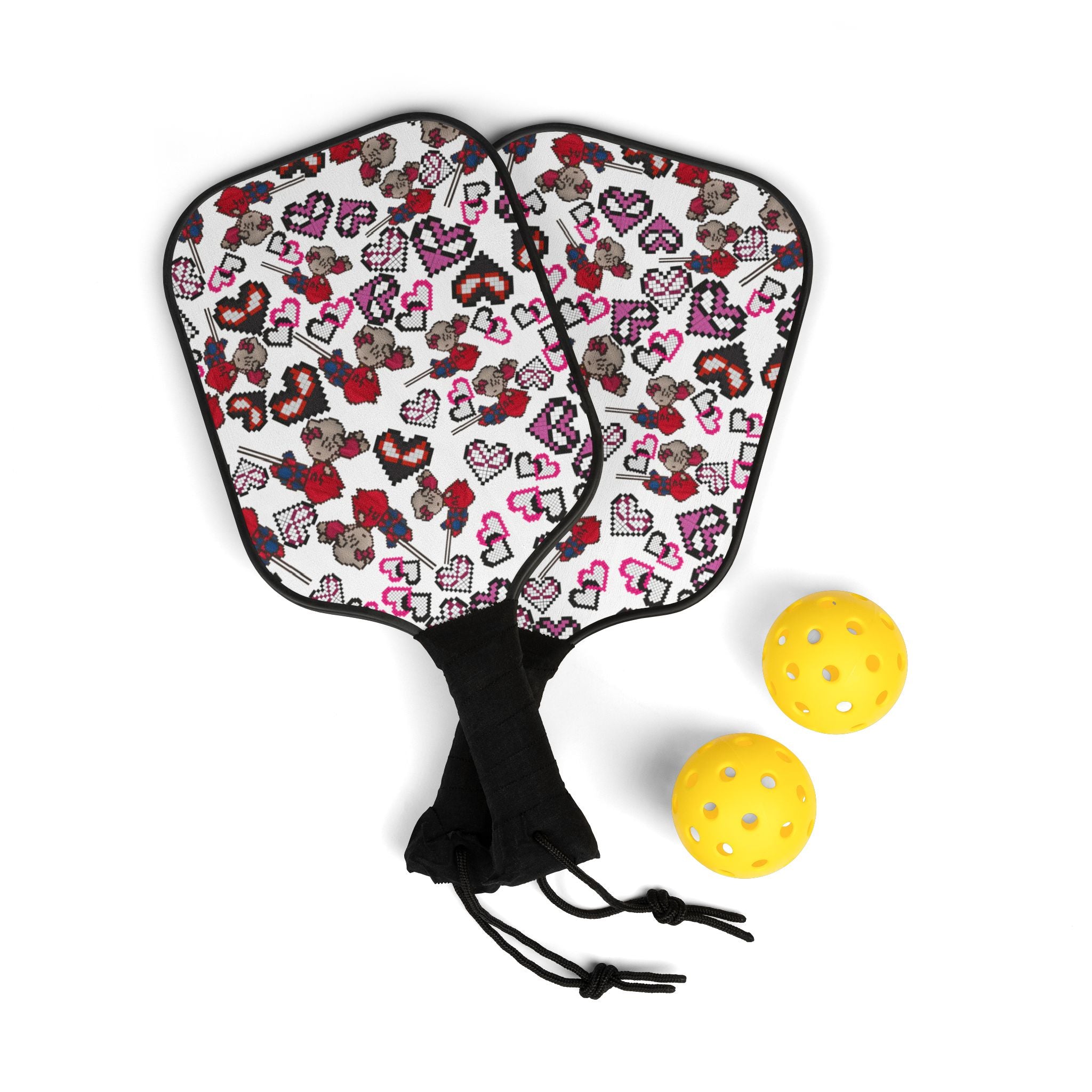 Pickleball kit (2 paddles + 2 balls + transparent bag) spider kitty pixel kiss hearts white