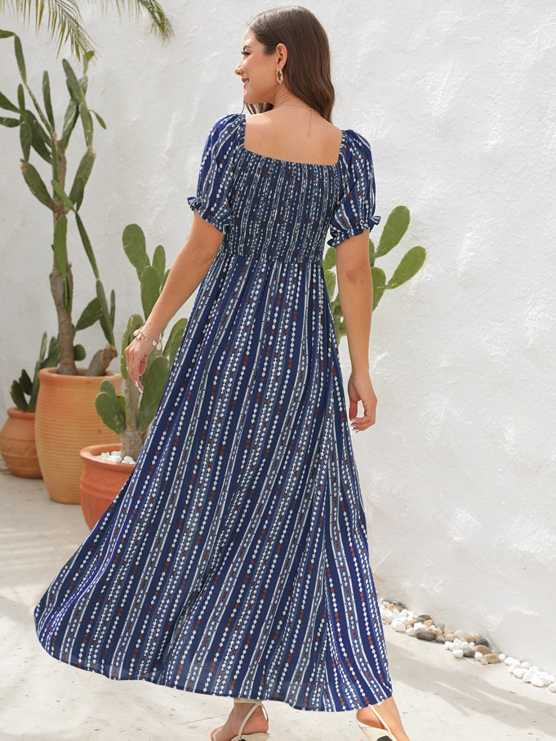 Elegant Mexico Wedding Guest Dresses: Stylish Slit Printed Short Sleeve Dress for Memorable Celebrations – Perfect for Beach or Garden Venues