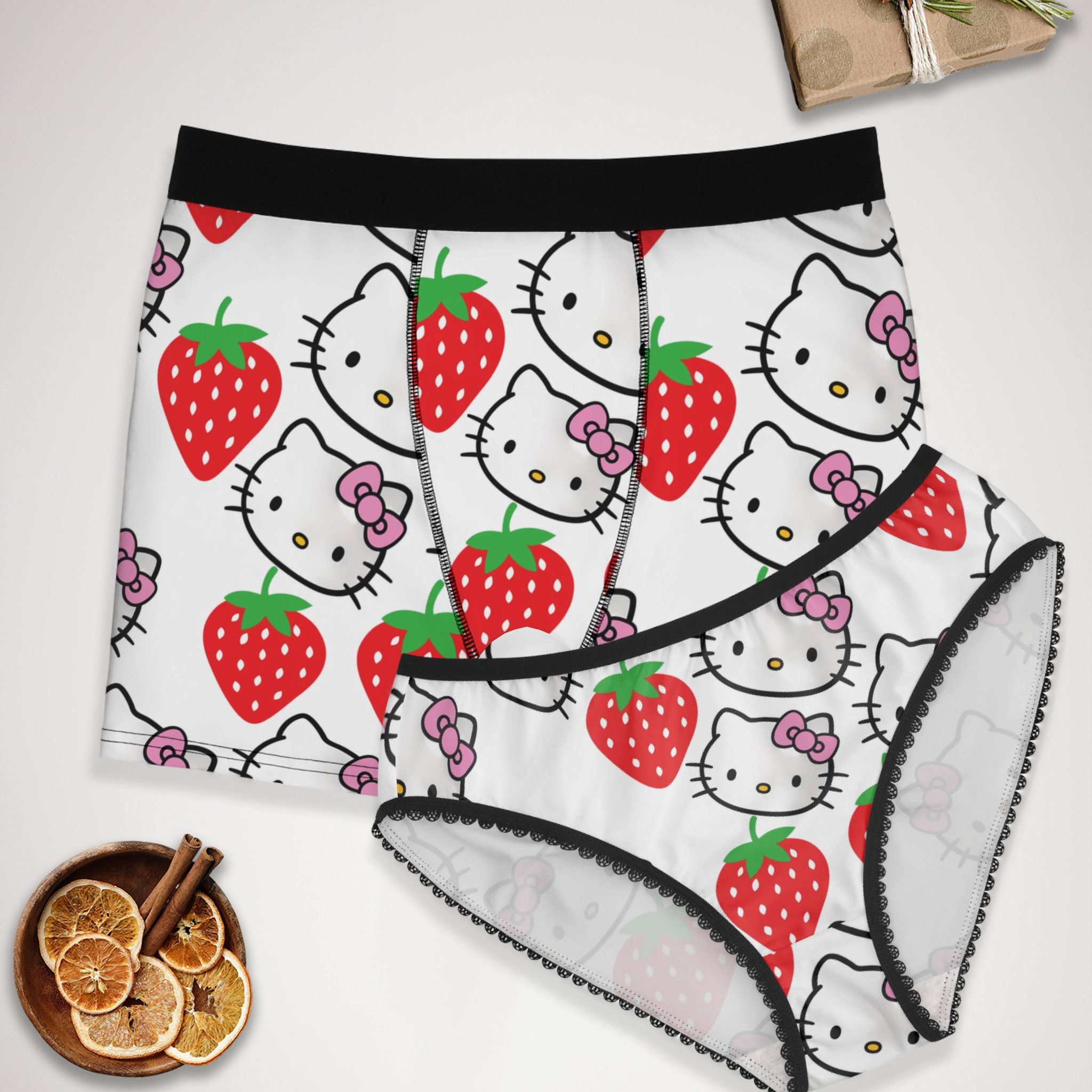 Couples matching kitty strawberry underwear set boxer & briefs