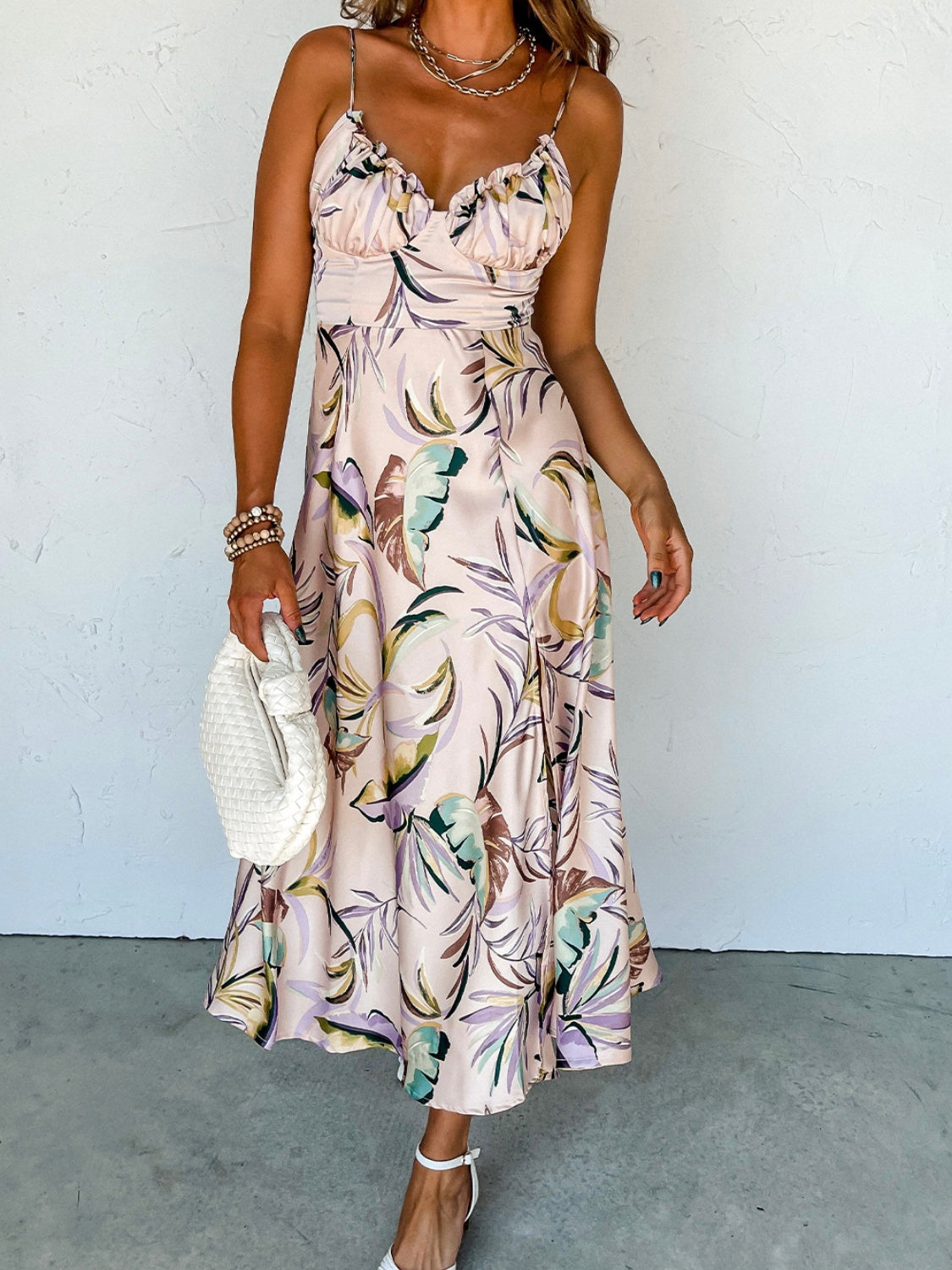 Beach Wedding Guest Midi Dress for Women - Floral Print Cami with Slit and Frills